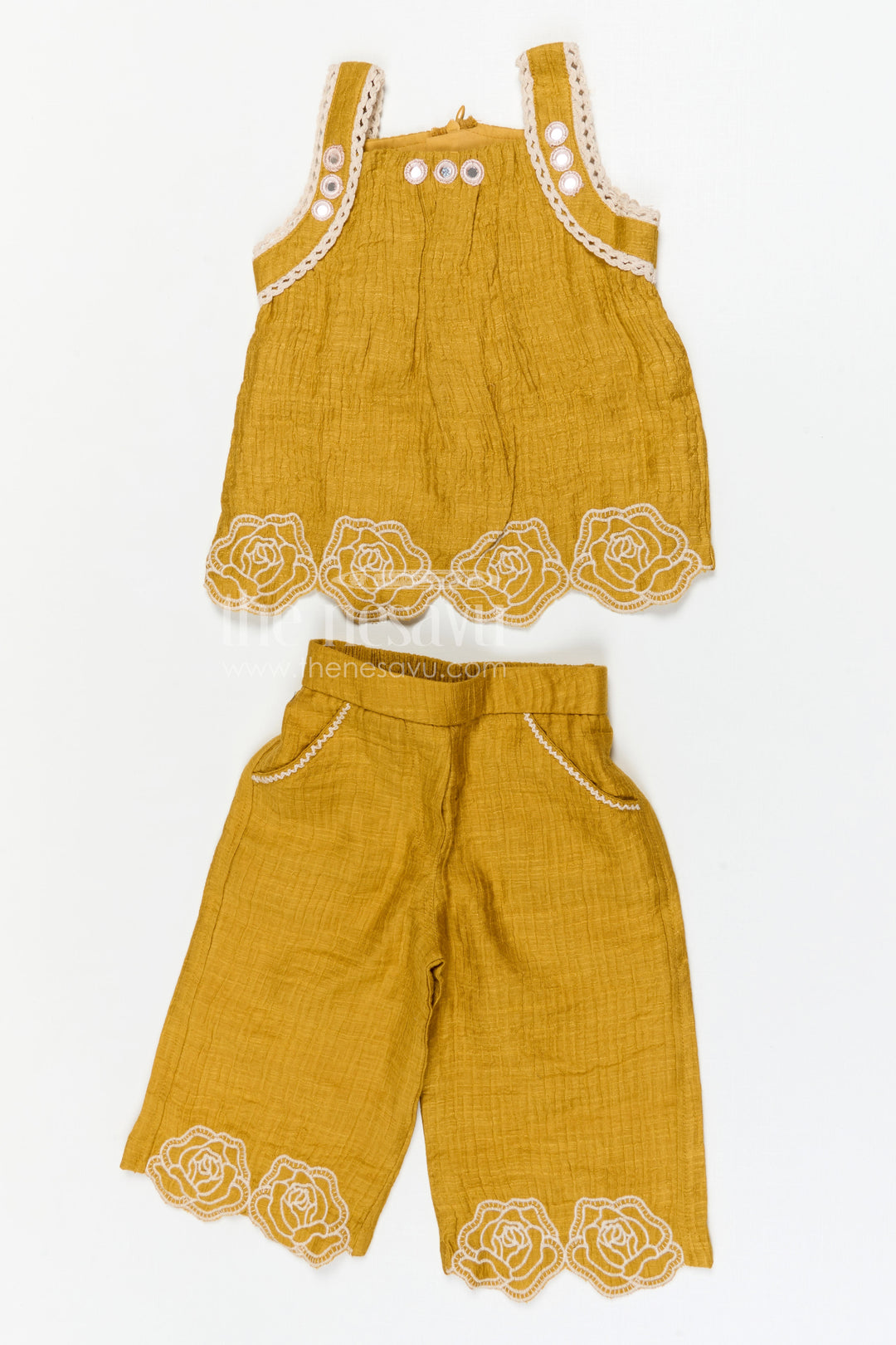 The Nesavu Girls Co-Ord Sets Girls Co Ord Set for Daily Wear and Comfortable Playtime Outfits Nesavu 18 (2Y) / Yellow / Rayon GCS037B-18 Nesavu girls co ord set for daily wear with rayon cotton fabric and thread embroidery comfortable kids outfit