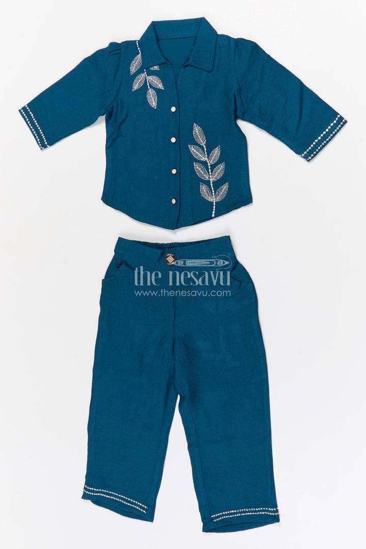 The Nesavu Girls Co-Ord Sets Girls Co Ord Set for Festive Occasions and Family Outings Nesavu 24 (5Y) / Blue / Cotton GCS016A-24 Nesavu girls cotton co ord set with thread embroidery for festive wear