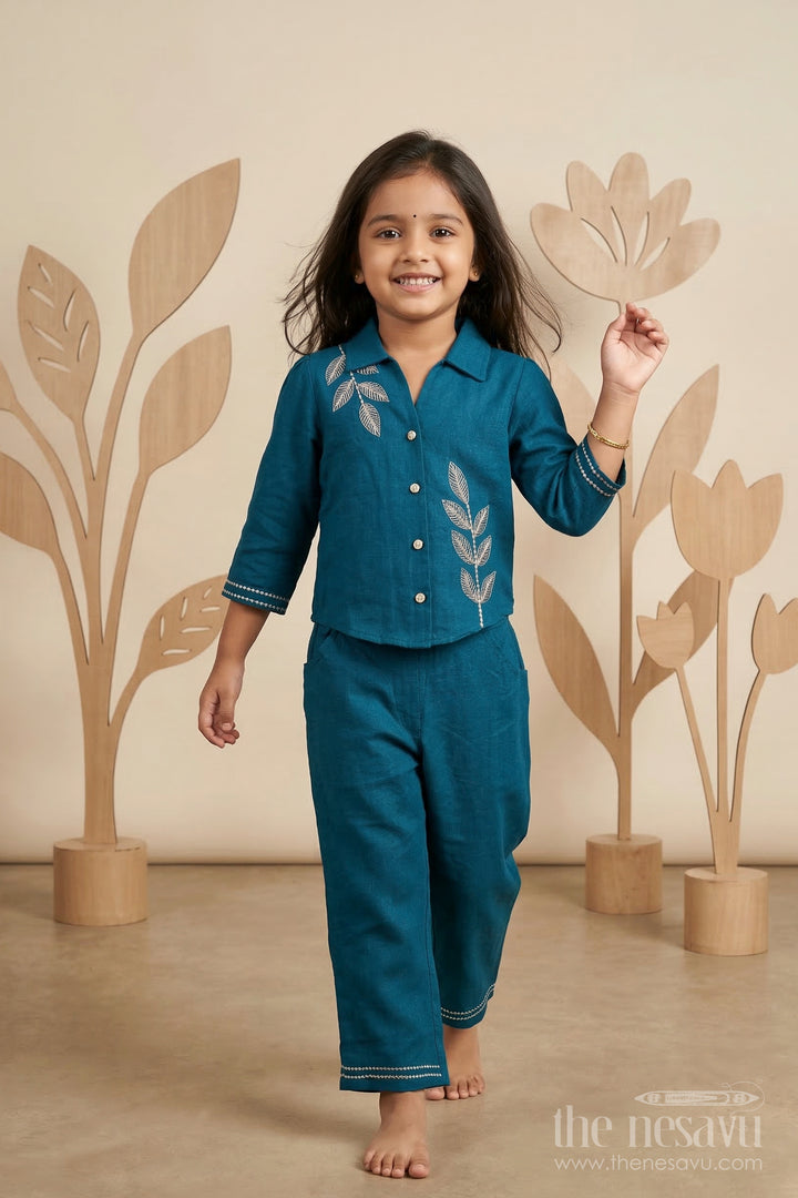 The Nesavu Girls Co-Ord Sets Girls Co Ord Set for Festive Occasions and Family Outings Nesavu 24 (5Y) / Blue / Cotton GCS016A-24 Nesavu girls cotton co ord set with thread embroidery for festive wear