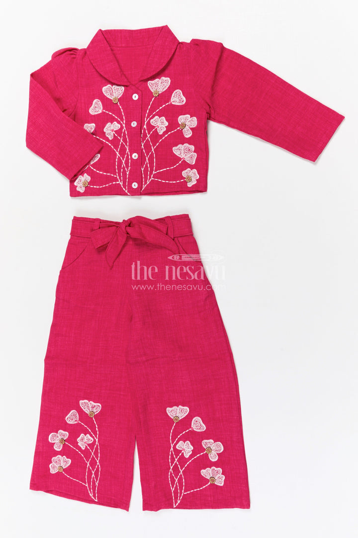 The Nesavu Girls Co-Ord Sets Girls Co Ord Set for Festive Outings and Family Gatherings Nesavu 24 (5Y) / Pink / Cotton GCS017A-24 Nesavu girls cotton co ord set with thread embroidery for festive wear