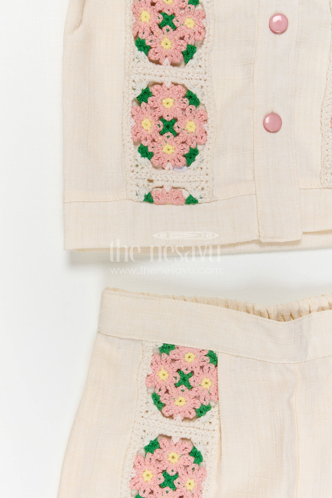 The Nesavu Girls Co-Ord Sets Girls Co Ord Set for Festive Wear and Family Gatherings Nesavu Nesavu Girls Cotton Co Ord Set With Crochet Embroidery For Festive Wear And Stylish Outings