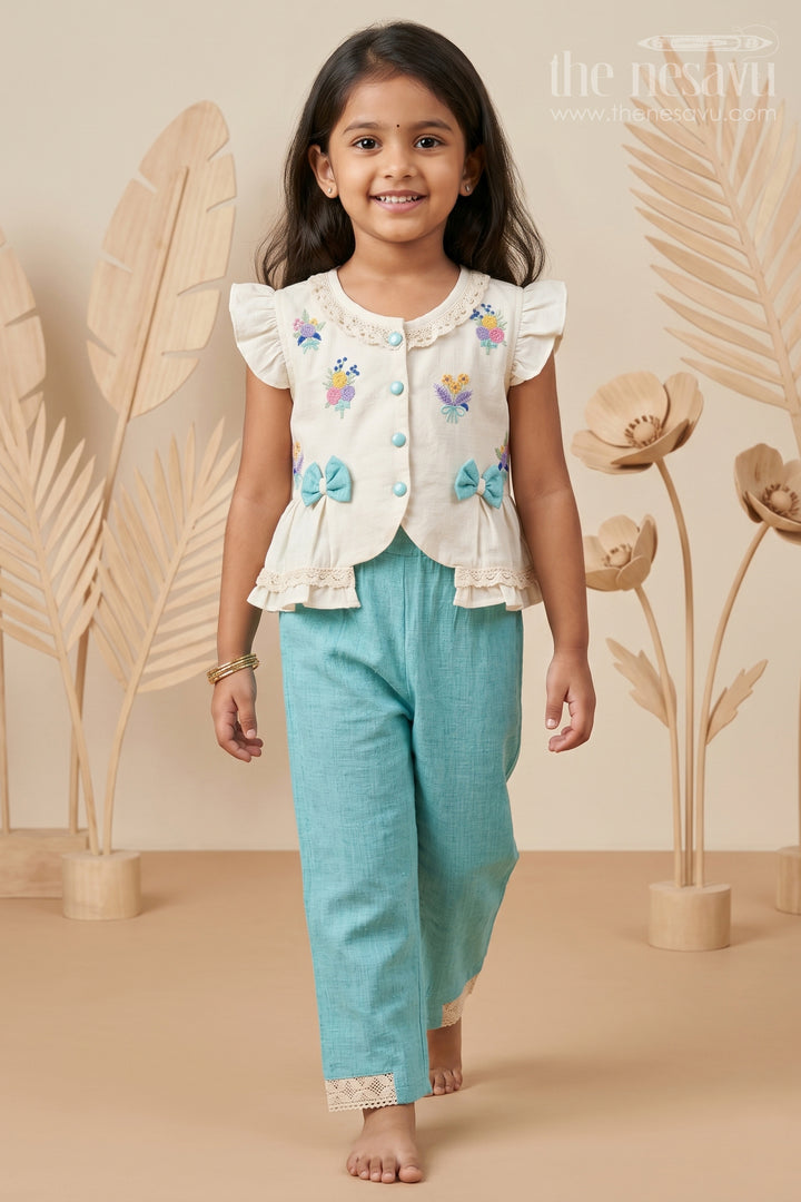 The Nesavu Girls Co-Ord Sets Girls Co Ord Set for Festive Wear and Family Outings Nesavu 24 (5Y) / Turquoise / Cotton GPS1060A-24 Nesavu Girls Cotton Blend Co Ord Set With Thread Embroidery For Festive Wear And Comfortable Outings