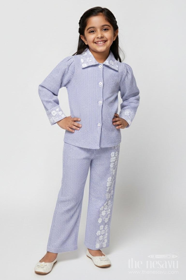 The Nesavu Girls Co-Ord Sets Girls Co-Ord Set for School Events and Festive Dressing Nesavu 22 (4Y) / Blue GPS811B-22 Nesavu girls cotton co-ord set striped design school events festive wear