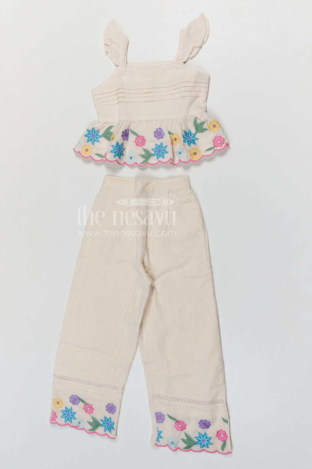 The Nesavu Girls Co-Ord Sets Girls Co Ord Set for Summer Outings and Casual Wear Nesavu 24 (5Y) / Half white / Cotton GCS033A-24 Nesavu girls cotton co ord set with thread embroidery for summer outings and casual wear