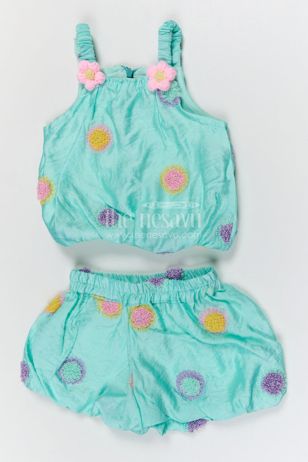 The Nesavu Girls Co-Ord Sets Girls Co Ord Set for Summer Outings and Playful Day Events Nesavu 18 (2Y) / Turquoise / Cotton GCS030A-18 Nesavu girls cotton blend embroidered co ord set for summer outings and casual wear