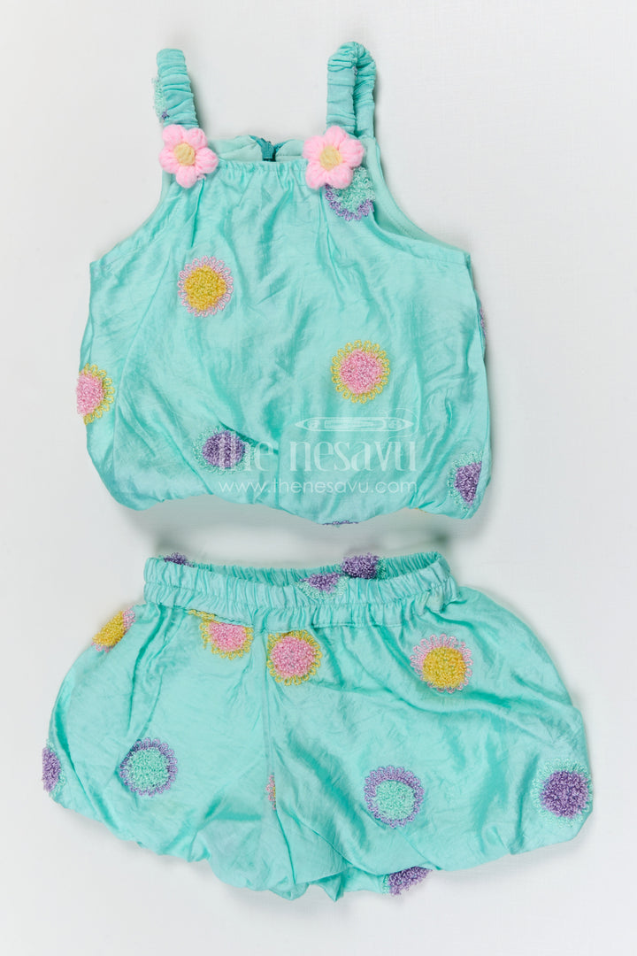 The Nesavu Girls Co-Ord Sets Girls Co Ord Set for Summer Outings and Playful Day Events Nesavu 18 (2Y) / Turquoise / Cotton GCS030A-18 Nesavu girls cotton blend embroidered co ord set for summer outings and casual wear