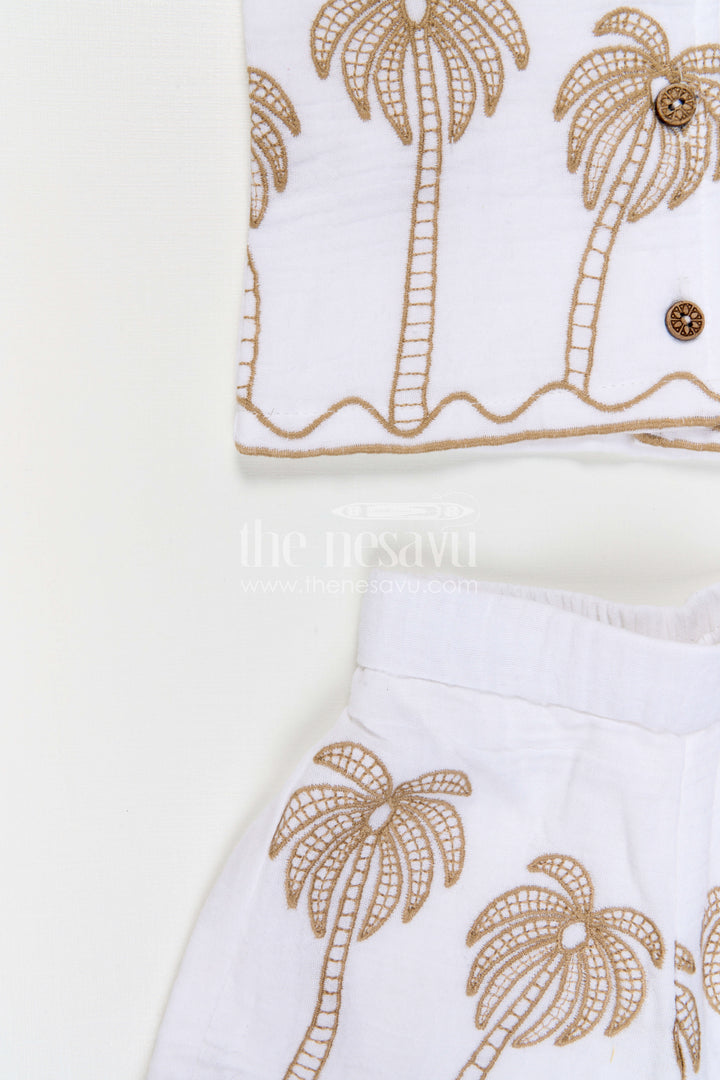 The Nesavu Girls Co-Ord Sets Girls Co Ord Set for Summer Outings and Vacation Wear Nesavu Nesavu Girls Co Ord Set For Summer Outings And Vacations With Muslin Cotton And Palm Embroidery Design