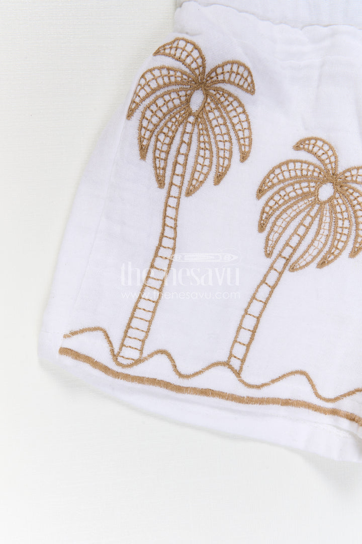 The Nesavu Girls Co-Ord Sets Girls Co Ord Set for Summer Outings and Vacation Wear Nesavu Nesavu Girls Co Ord Set For Summer Outings And Vacations With Muslin Cotton And Palm Embroidery Design