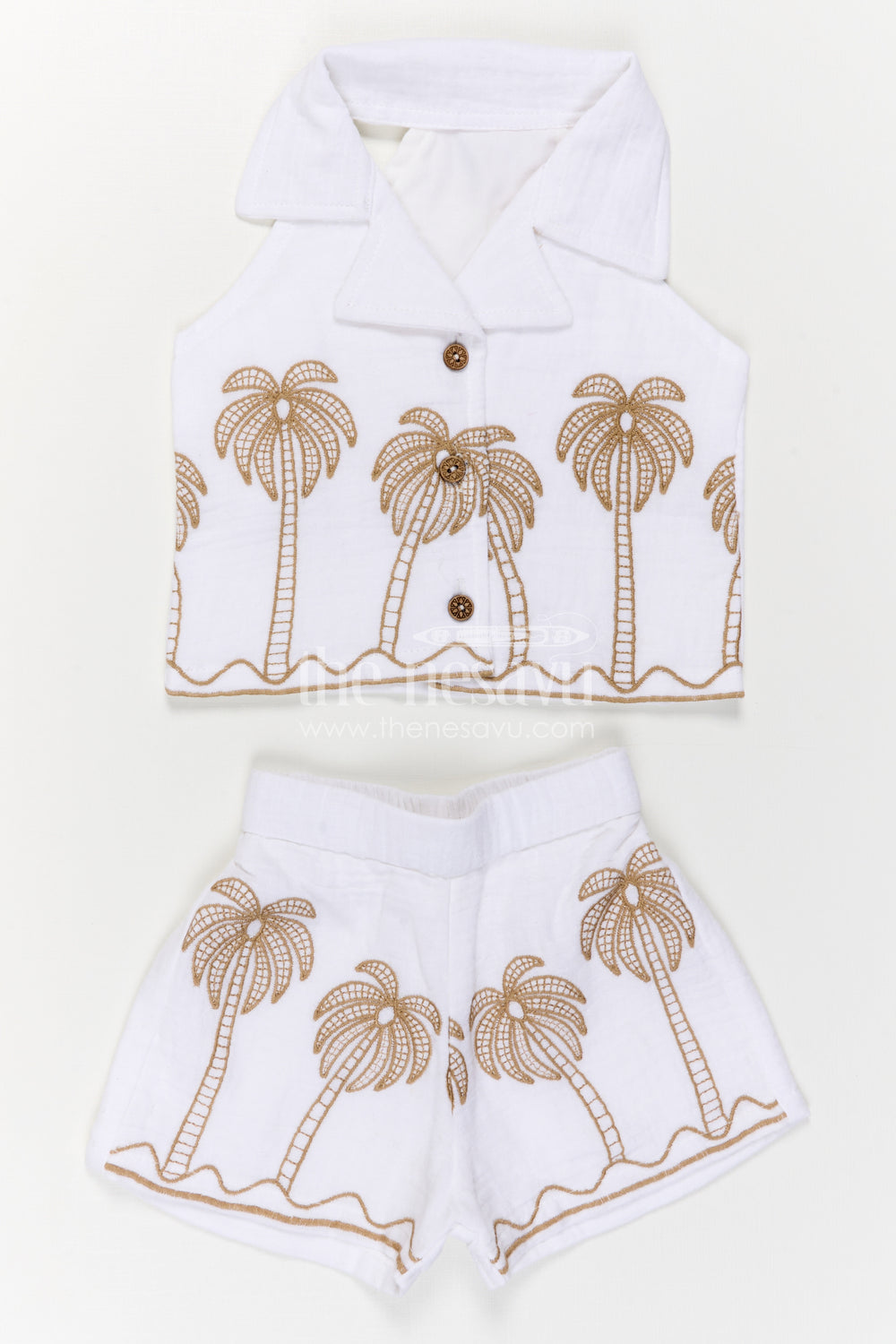 The Nesavu Girls Co-Ord Sets Girls Co Ord Set for Summer Outings and Vacation Wear Nesavu Nesavu Girls Co Ord Set For Summer Outings And Vacations With Muslin Cotton And Palm Embroidery Design