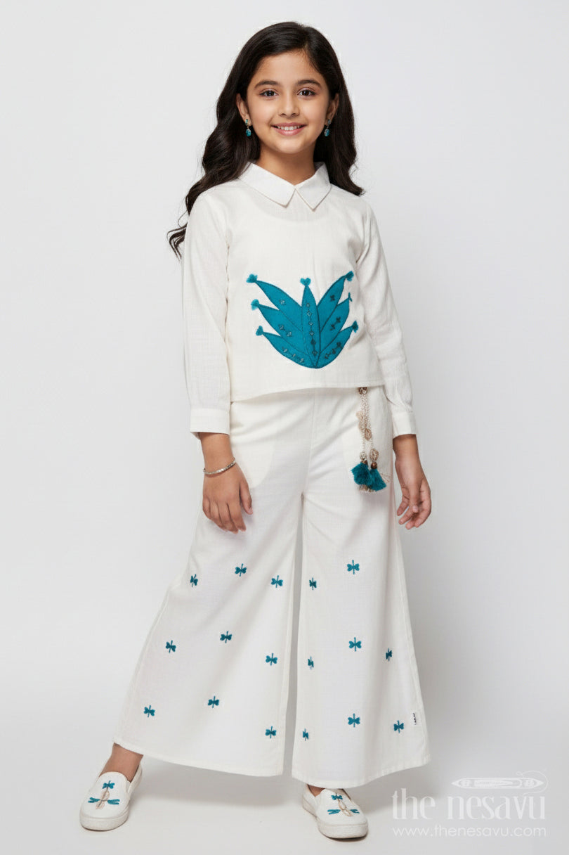 The Nesavu Girls Co-Ord Sets Girls Co-Ord Set with Applique Embroidery for Ethnic Days and Festive Events Nesavu 18 (2Y) / Blue GPS902B-18 Nesavu girls co-ord set embroidery applique perfect festive wear school ethnic day
