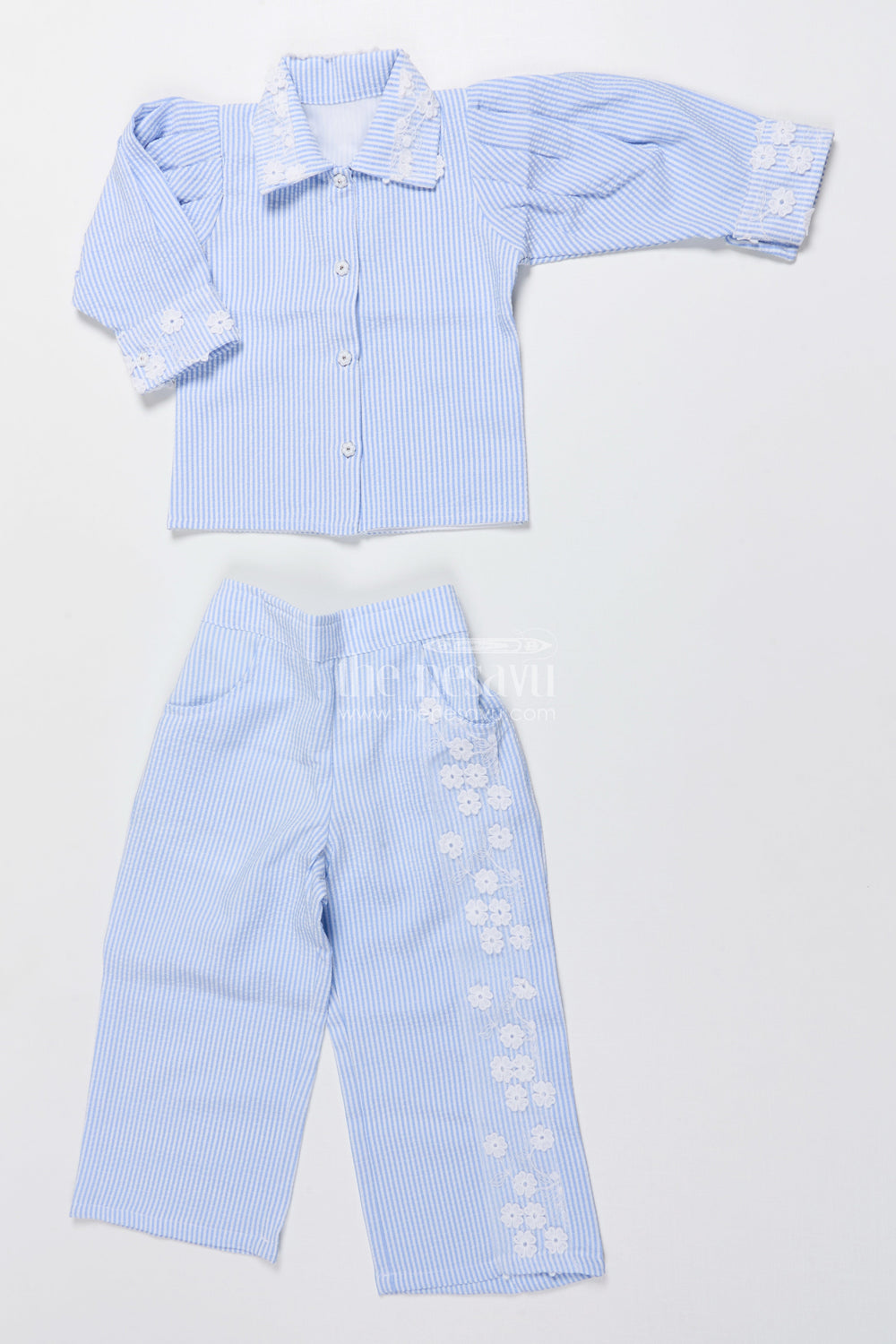 The Nesavu Girls Co-Ord Sets Girls Co-Ord Set with Floral Details for Festive School Days Nesavu 22 (4Y) / Blue GPS811C-22 Nesavu girls cotton blend co-ord set floral embroidery festive school functions