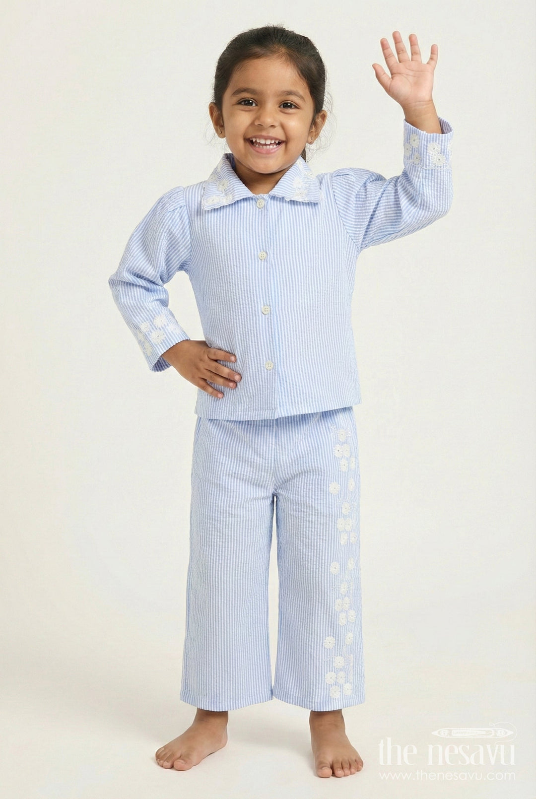 The Nesavu Girls Co-Ord Sets Girls Co-Ord Set with Floral Details for Festive School Days Nesavu 22 (4Y) / Blue GPS811C-22 Nesavu girls cotton blend co-ord set floral embroidery festive school functions