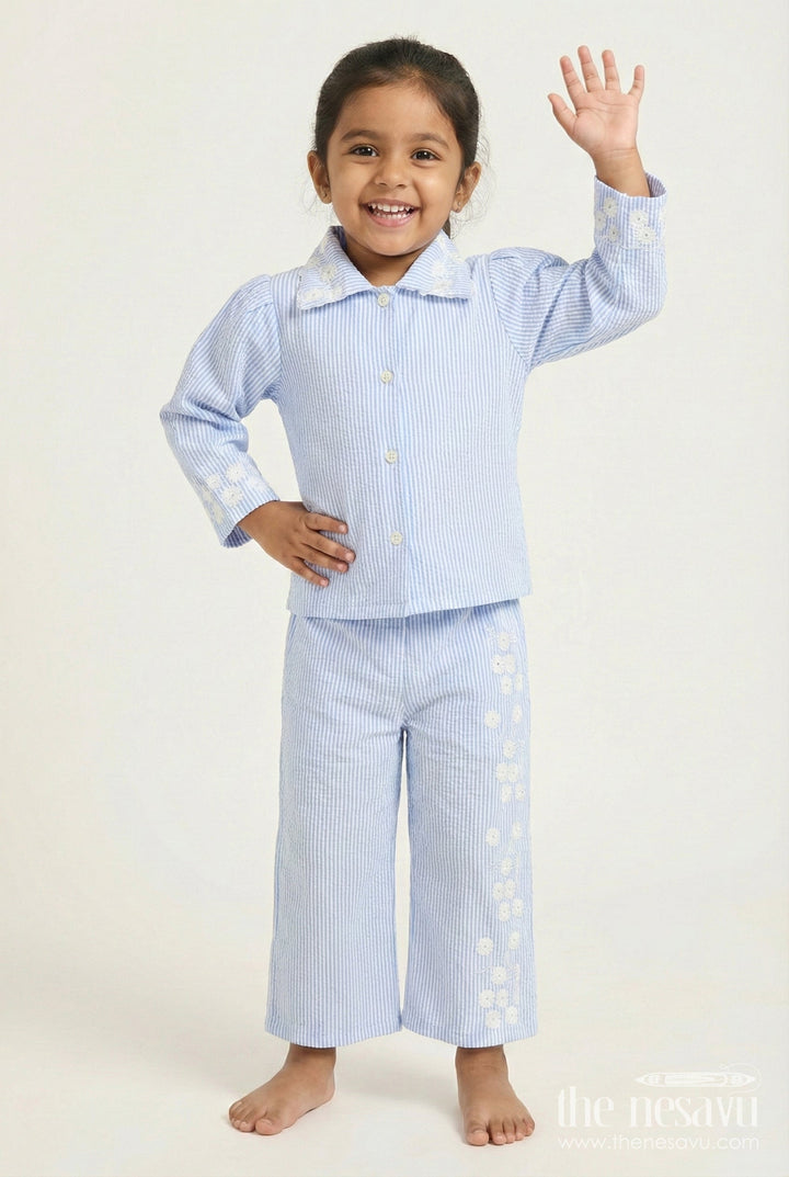 The Nesavu Girls Co-Ord Sets Girls Co-Ord Set with Floral Details for Festive School Days Nesavu 22 (4Y) / Blue GPS811C-22 Nesavu girls cotton blend co-ord set floral embroidery festive school functions