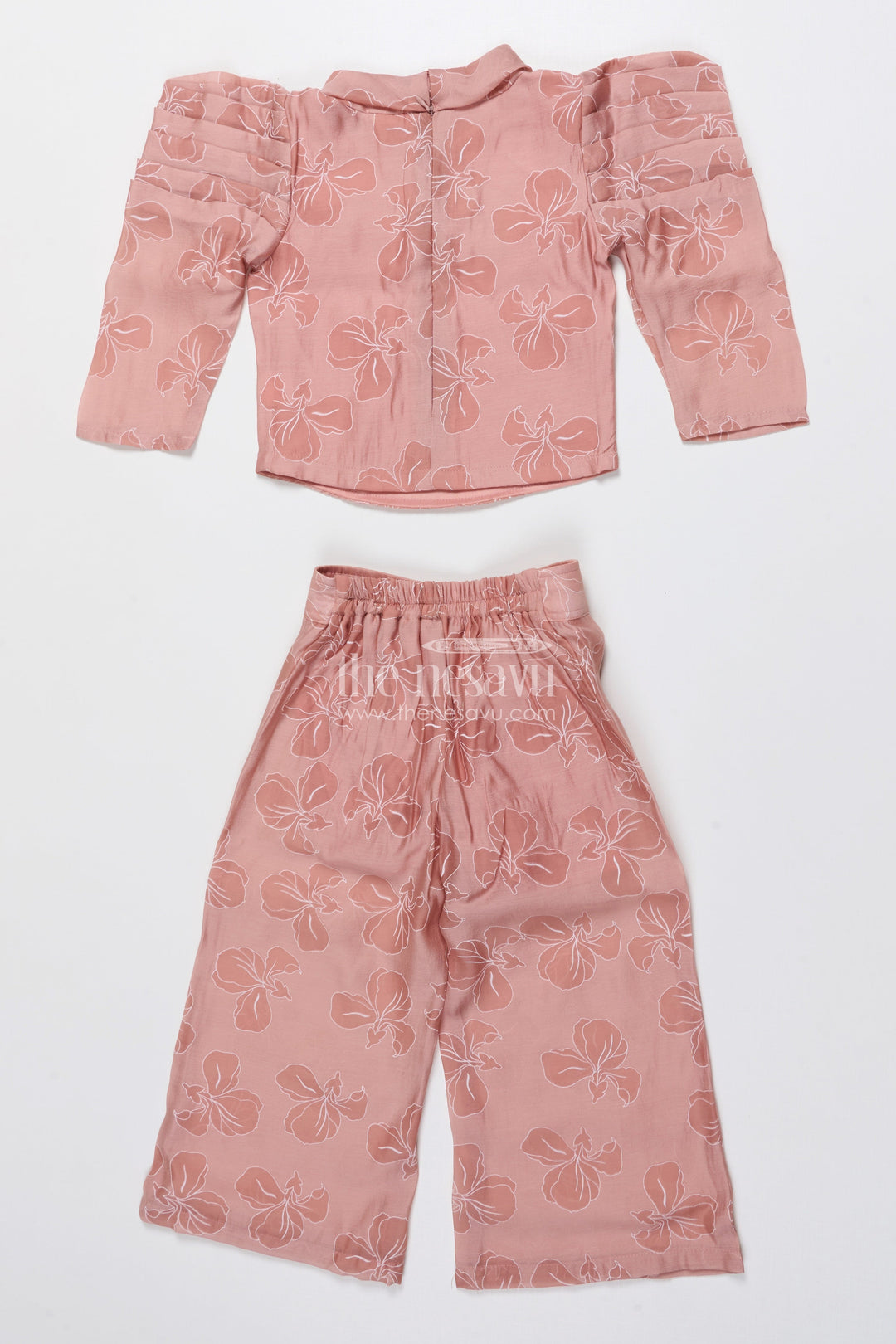 The Nesavu Girls Co-Ord Sets Girls Co-Ord Set with Floral Print for Birthdays and Festive Events Nesavu Nesavu girls floral co-ord set puff sleeve top wide-leg pants festive birthdays
