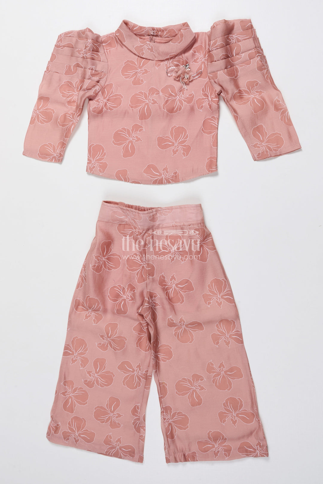 The Nesavu Girls Co-Ord Sets Girls Co-Ord Set with Floral Print for Birthdays and Festive Events Nesavu Nesavu girls floral co-ord set puff sleeve top wide-leg pants festive birthdays