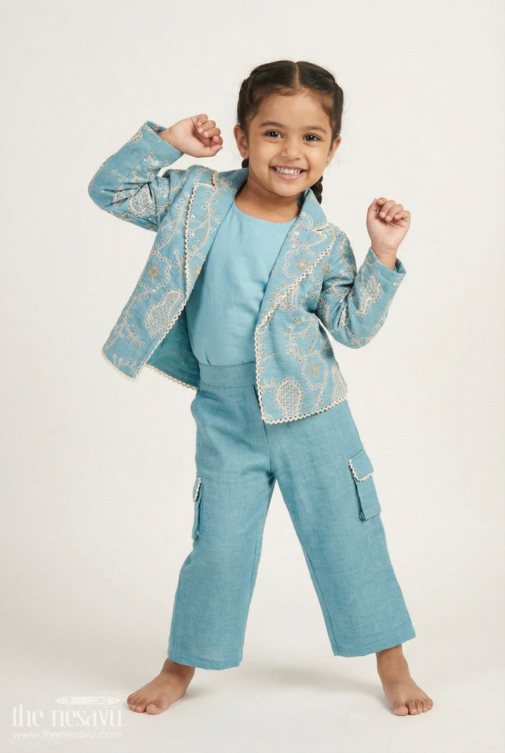 The Nesavu Girls Co-Ord Sets Girls Co-Ord Set with Thread Embroidery for Festive Events and School Programs Nesavu 24 (5Y) / Turquoise GPS643A-24 Nesavu girls three-piece co-ord set embroidered jacket ethnic school festive wear