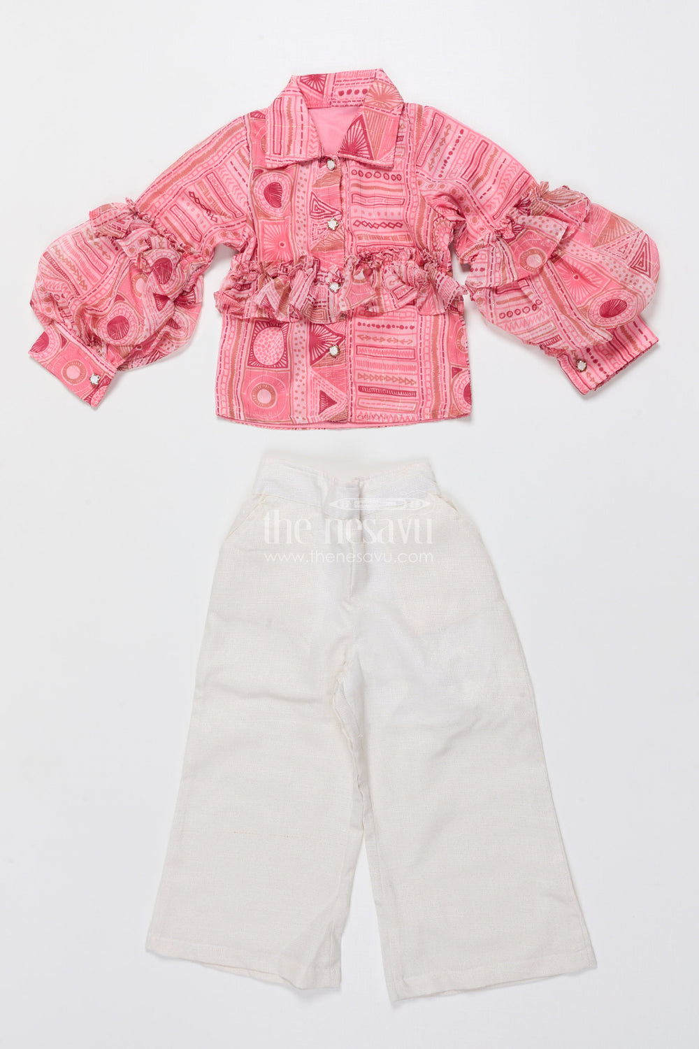 The Nesavu Girls Co-Ord Sets Girls Co-Ord Top and Pant Set for Birthdays and Day Outings Nesavu 22 (4Y) / Pink GPS904A-22 Nesavu girls georgette co-ord set digital print frill sleeves birthdays parties