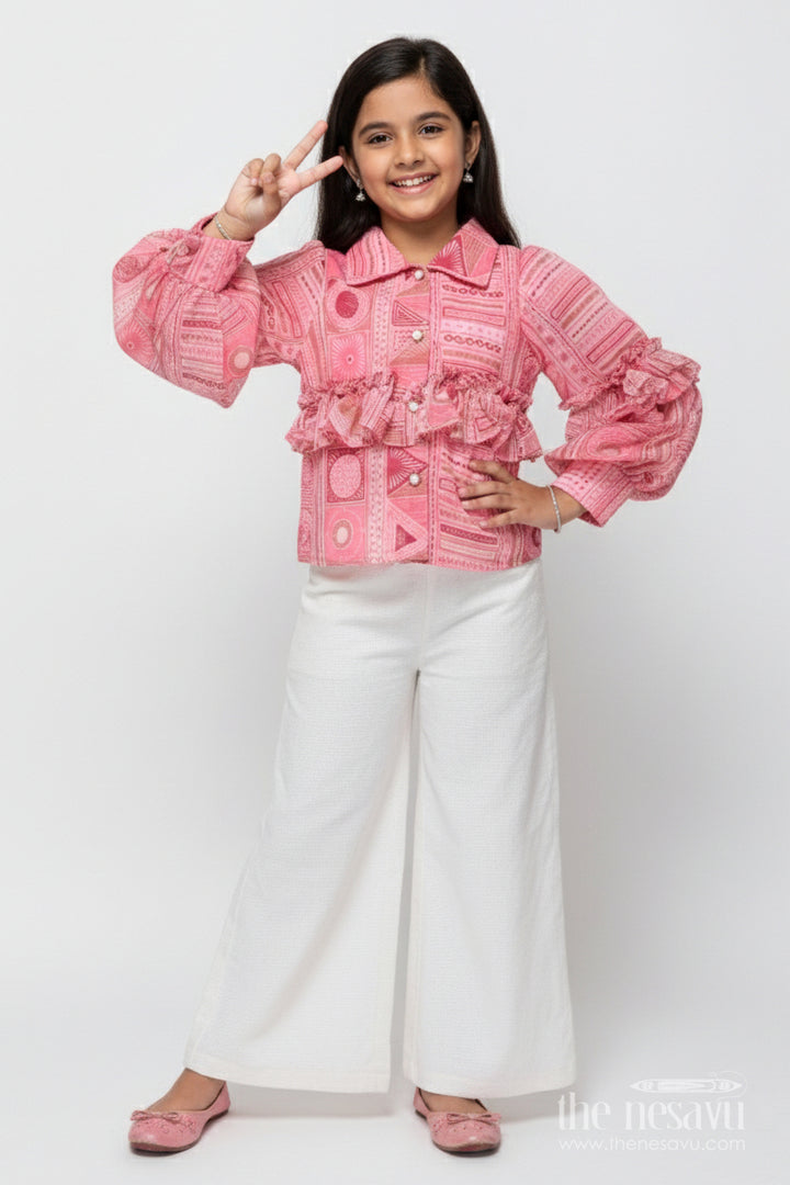 The Nesavu Girls Co-Ord Sets Girls Co-Ord Top and Pant Set for Birthdays and Day Outings Nesavu 22 (4Y) / Pink GPS904A-22 Nesavu girls georgette co-ord set digital print frill sleeves birthdays parties