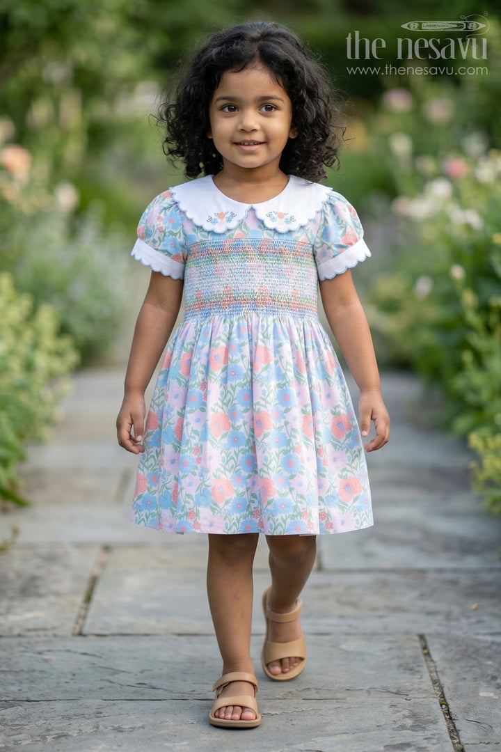 The Nesavu Girls Cotton Frock Girls Collar Frock Design in Floral Cotton with Smocked Bodice and Embroidered Collar for a Playful Yet Polished Look Nesavu 18 (2Y) / Blue GFC1681B-18 Girls Floral Cotton Collar Frock Design Smocking Embroidered Peter Pan Collar | The Nesavu