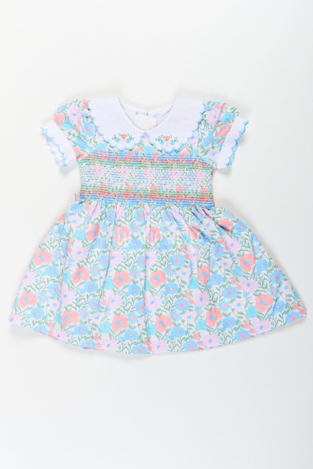 The Nesavu Girls Cotton Frock Girls Collar Frock Design in Floral Cotton with Smocked Bodice and Embroidered Collar for a Playful Yet Polished Look Nesavu 18 (2Y) / Blue GFC1681B-18 Nesavu Girls Floral Cotton Collar Frock Design Smocking Embroidered Peter Pan Collar