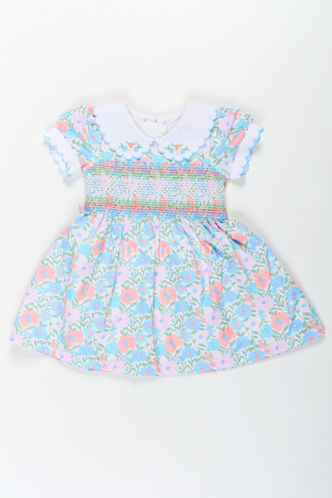 The Nesavu Girls Cotton Frock Girls Collar Frock Design in Floral Cotton with Smocked Bodice and Embroidered Collar for a Playful Yet Polished Look Nesavu 18 (2Y) / Blue GFC1681B-18 Nesavu Girls Floral Cotton Collar Frock Design Smocking Embroidered Peter Pan Collar