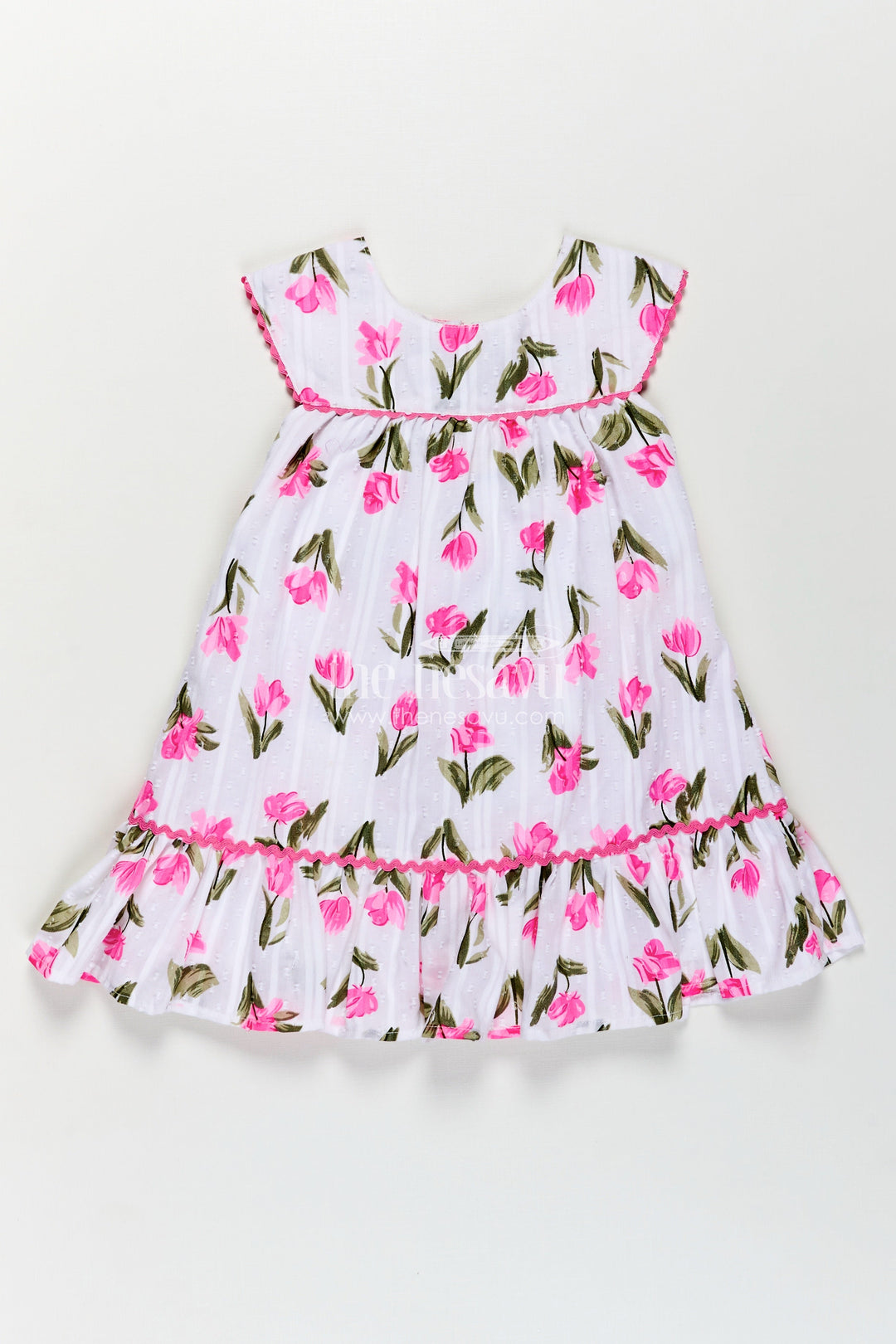 The Nesavu Girls Cotton Frock Girls Color Frock in White Cotton with Pink Floral Print and Frilled Border for Playful Elegance Nesavu Girls Color Frock Pink Floral Cotton Frill Detailing Everyday Wear | The Nesavu