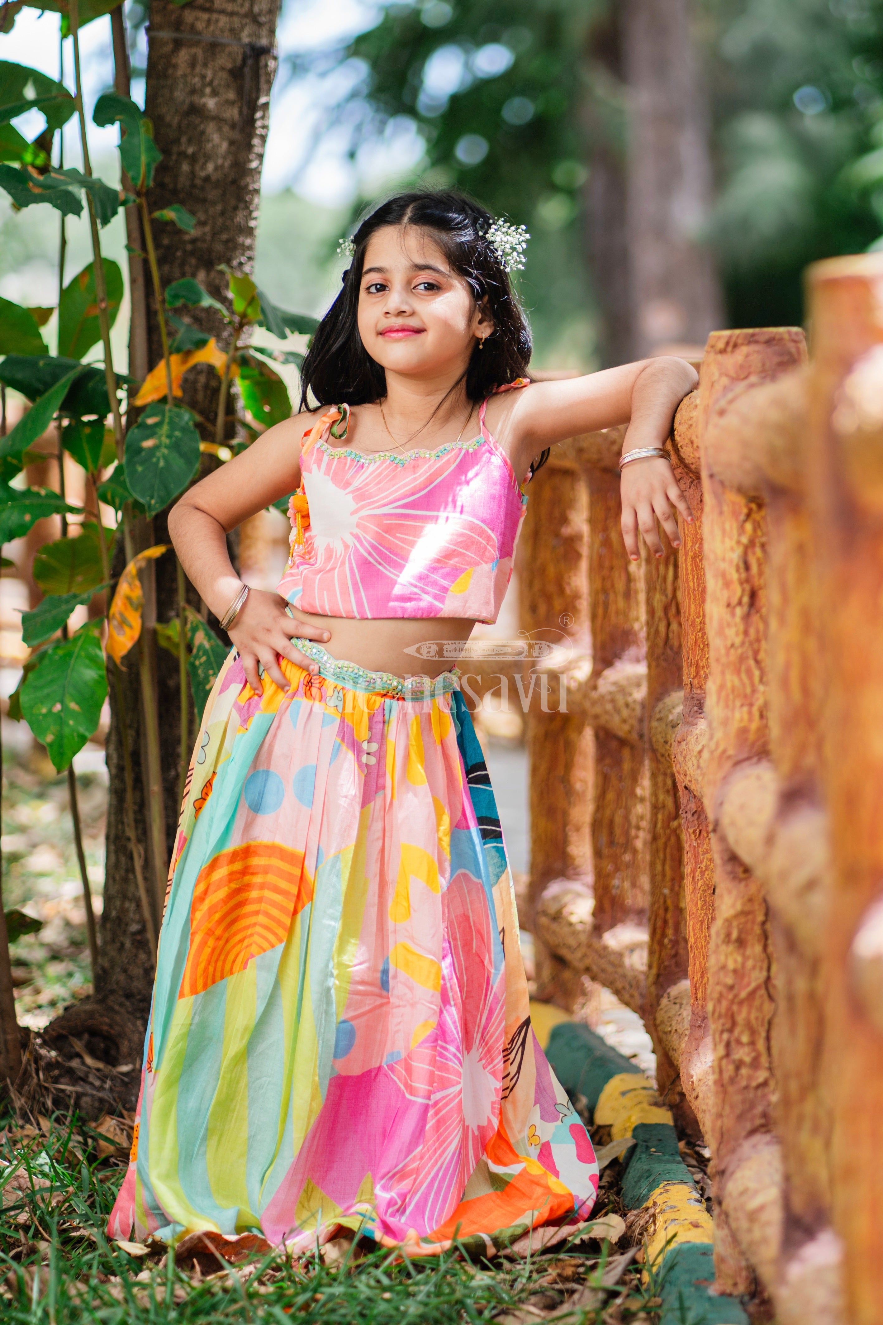 Nesavu Girls Colorful Lehenga Choli Abstract Print Pom-Pom Tassels