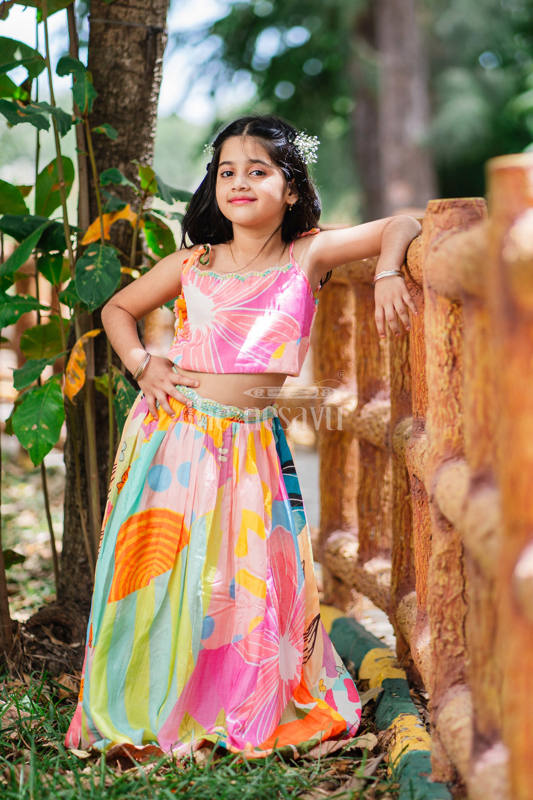 The Nesavu Girls Lehenga Choli Girls Colorful Abstract Print Lehenga Choli with Pom-Pom Tassel Accents Nesavu 16 (1Y) / Multicolor GL487A-16 Nesavu Girls Colorful Lehenga Choli Abstract Print Pom-Pom Tassels