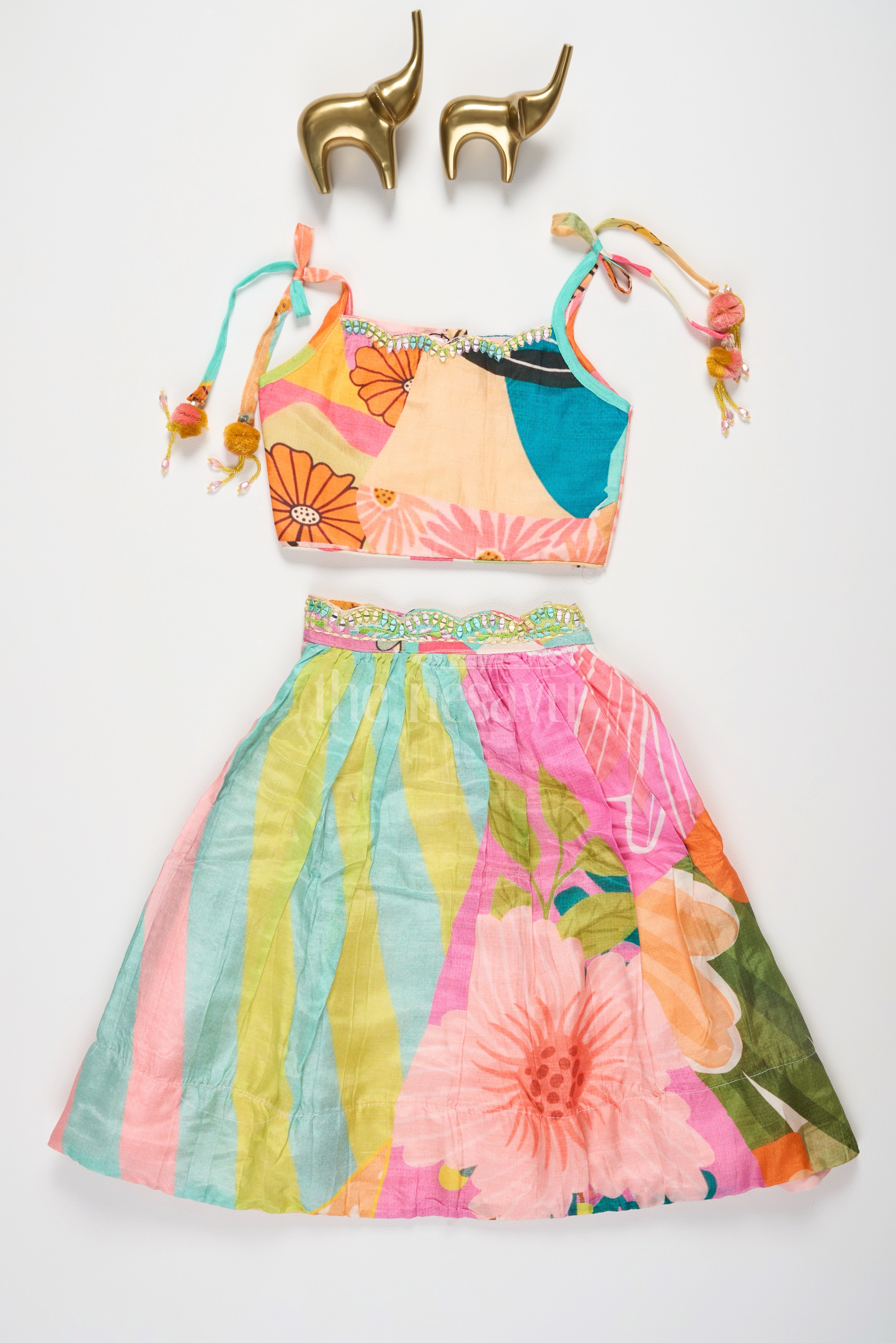 Nesavu Girls Colorful Lehenga Choli Abstract Print Pom-Pom Tassels