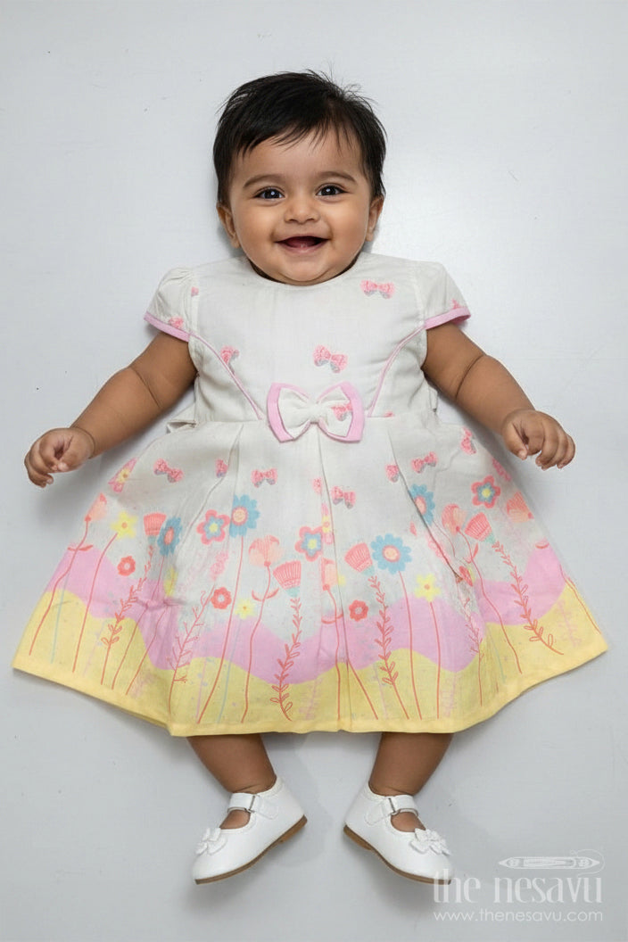 The Nesavu Baby Cotton Frocks Girls Colorful Birthday Dress in Soft Cotton with Bright Floral Print and Pink Bow Accent Nesavu 14 (6M) / Pink BFJ756B-14 Colorful Birthday Dress Girls Floral Cotton Pink Bow Short Sleeves | The Nesavu