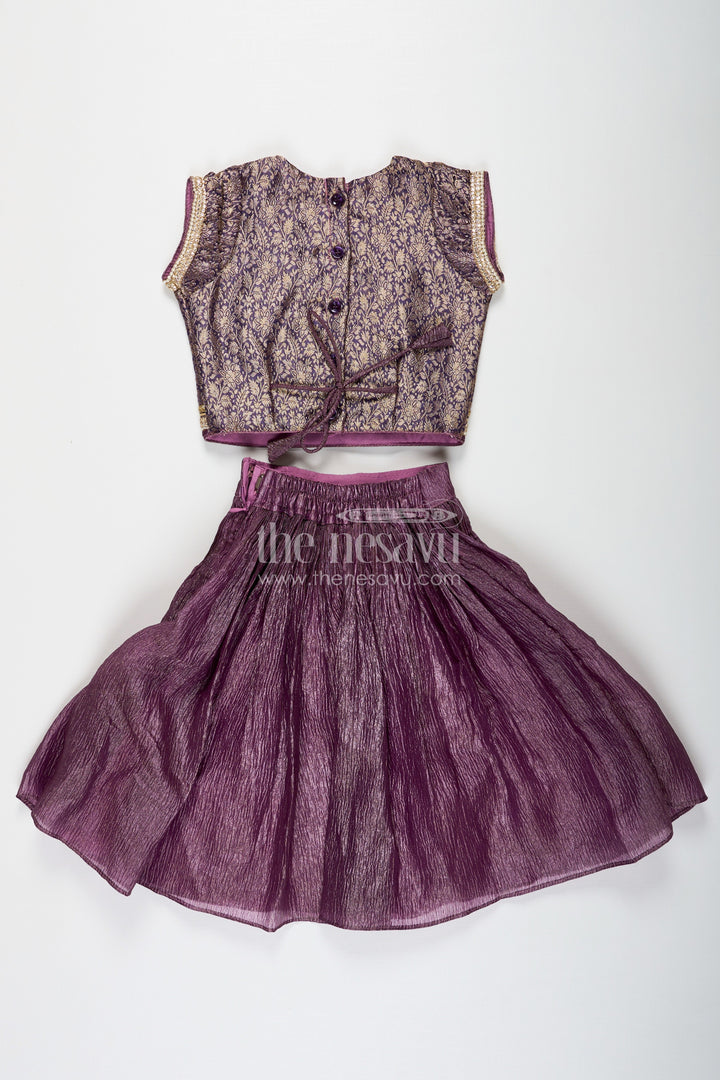 The Nesavu Girls Lehenga Choli Girls Contemporary Lehenga in Crush Tissue with Embellished Banarasi Kora Yoke and Tassel Accents Nesavu Nesavu Contemporary Girls Lehenga Crush Tissue Embellished Banarasi Kora Yoke Dupatta