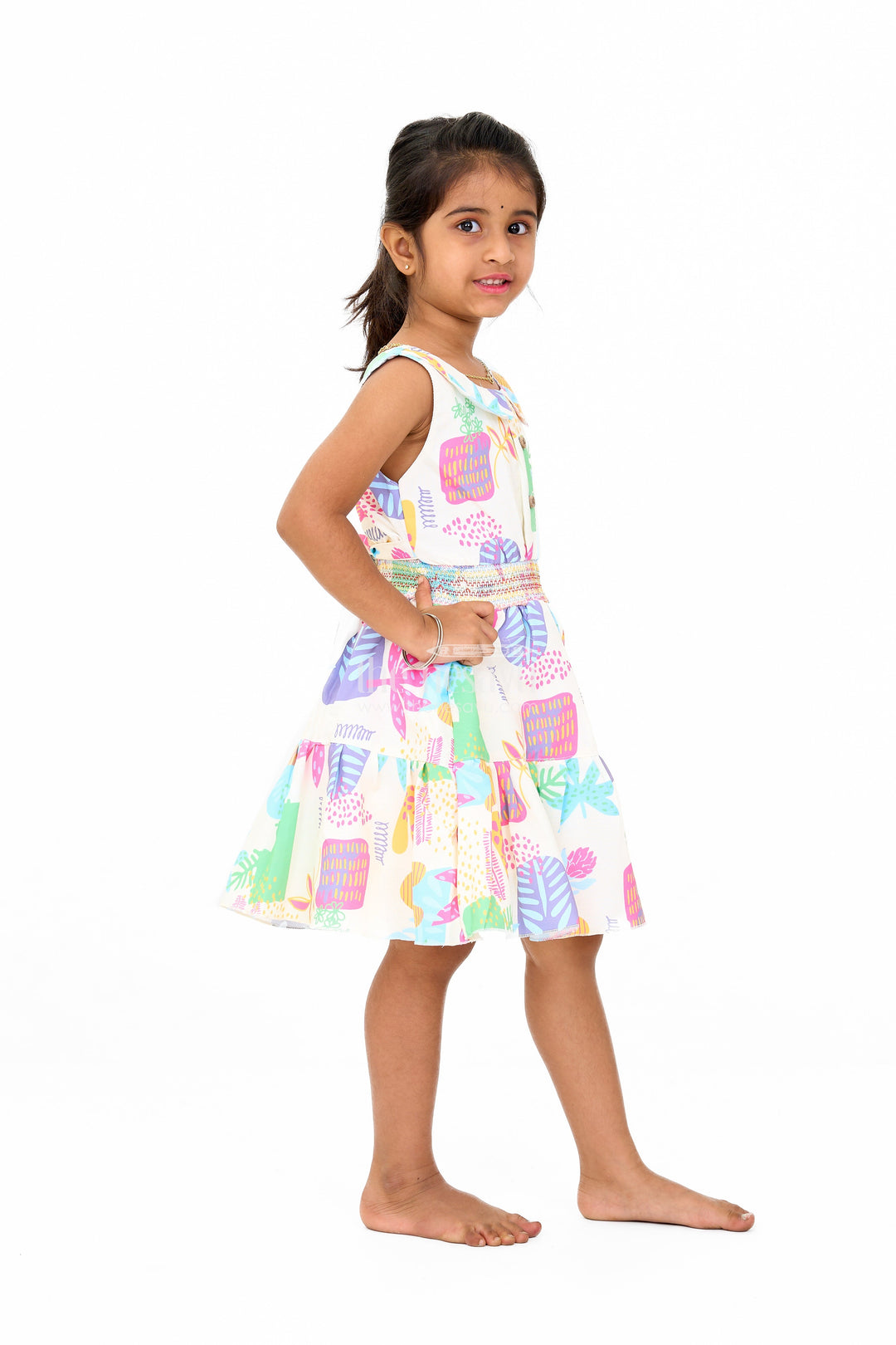 The Nesavu Girls Cotton Frock Girls Cotton A-Line Frock with Multicolor Prints and Smocked Waist Nesavu Nesavu Girls Cotton A-Line Frock Multicolor Prints Tiered Skirt