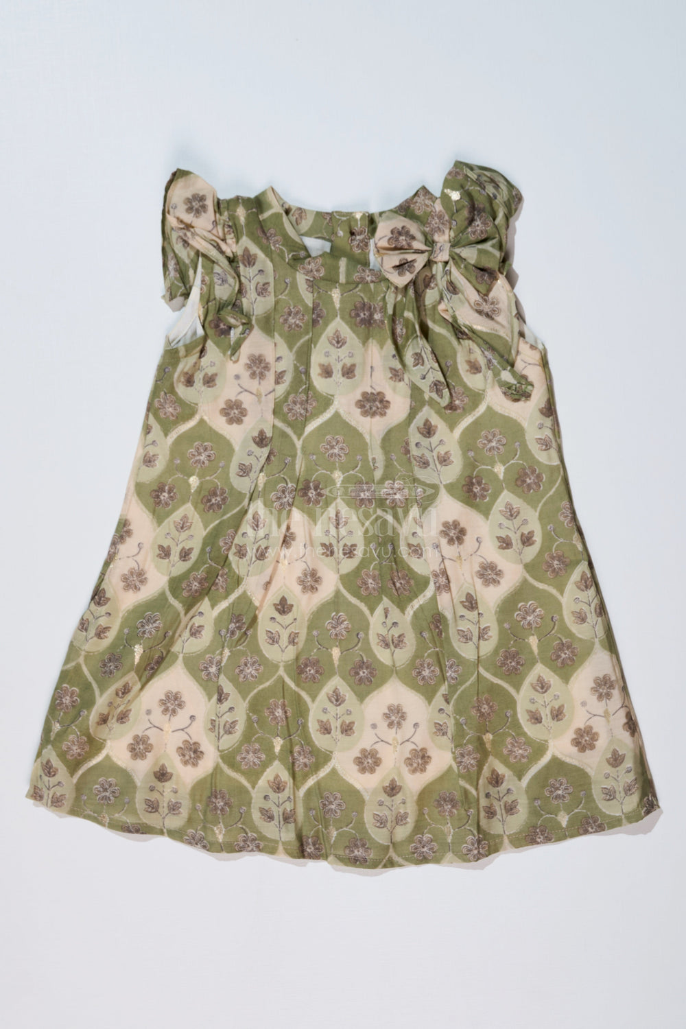 The Nesavu Girls Cotton Frock Girls Cotton Blend Dresses in Muslin Silk with Subtle Floral Print and Elegant Bow Nesavu 16 (1Y) / Green GFC1610A-16 Nesavu Girls Cotton Blend Dresses Muslin Silk Subtle Floral Print Elegant Bow