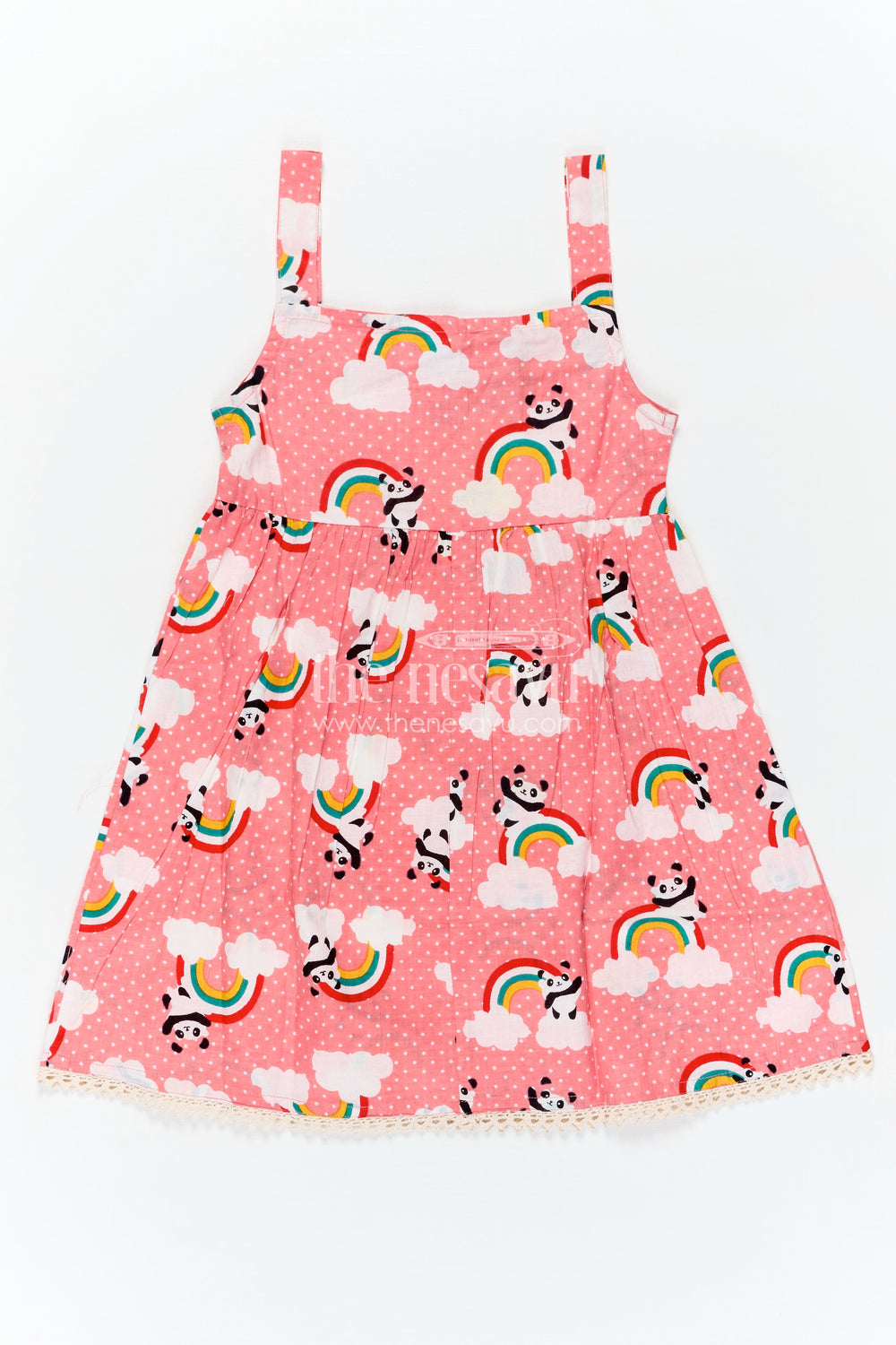 The Nesavu Girls Cotton Frock Girls Cotton Casual Frock for Girls in Pink with Rainbow Panda Print and Sleeveless Fit Nesavu 16 (1Y) / Pink GFC1747A-16 Nesavu Pink Cotton Casual Frock Girls Rainbow Panda Print Sleeveless Design