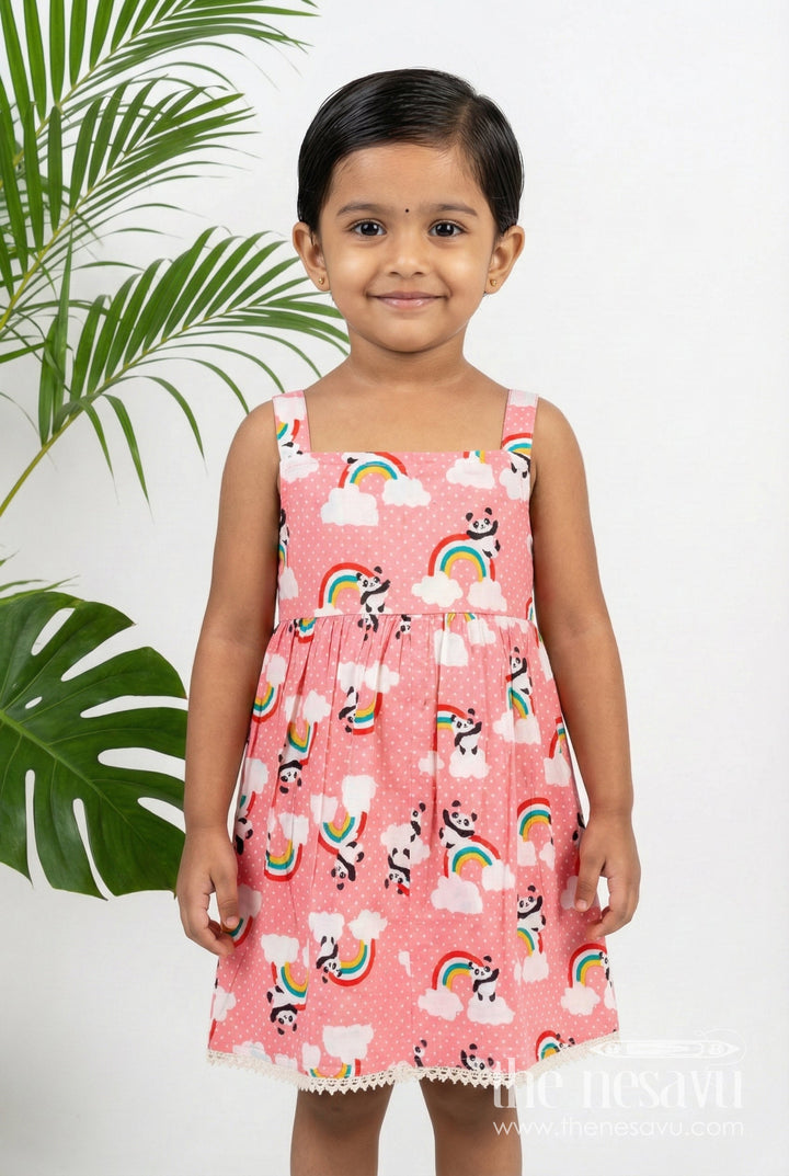 The Nesavu Girls Cotton Frock Girls Cotton Casual Frock for Girls in Pink with Rainbow Panda Print and Sleeveless Fit Nesavu 16 (1Y) / Pink GFC1747A-16 Nesavu Pink Cotton Casual Frock Girls Rainbow Panda Print Sleeveless Design