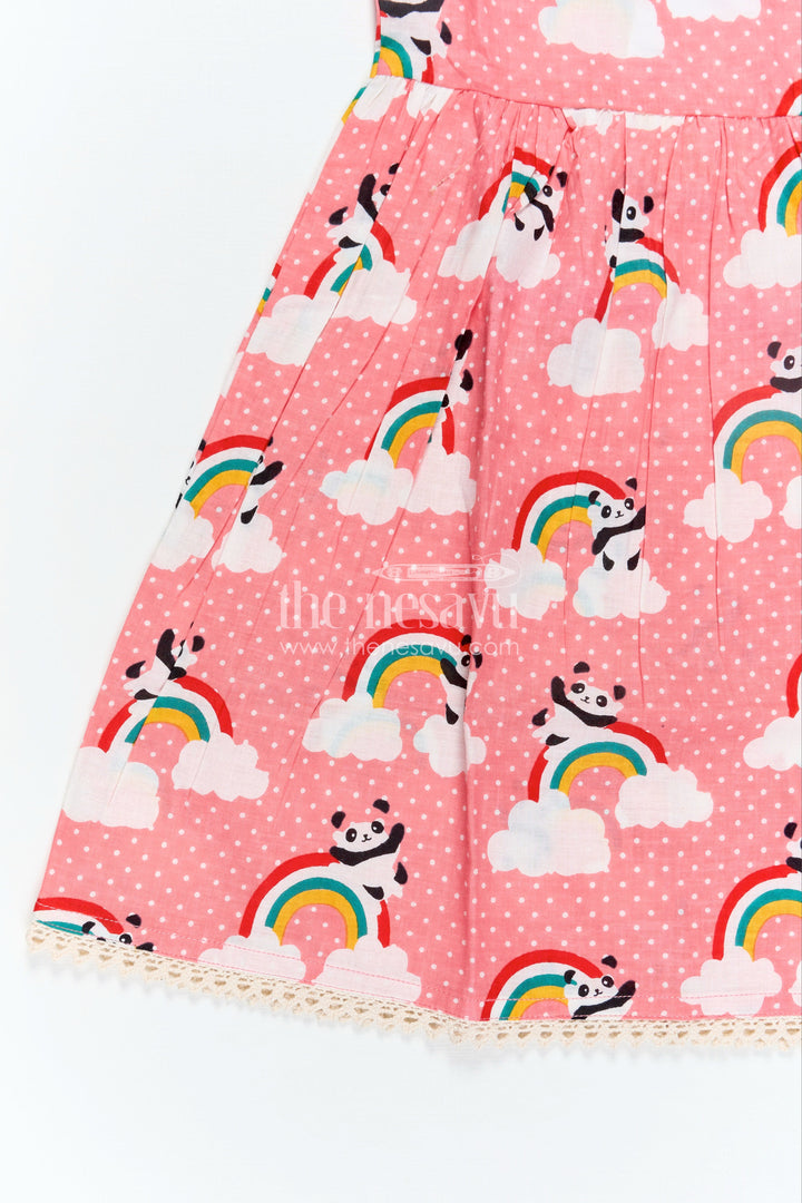 The Nesavu Girls Cotton Frock Girls Cotton Casual Frock for Girls in Pink with Rainbow Panda Print and Sleeveless Fit Nesavu Nesavu Pink Cotton Casual Frock Girls Rainbow Panda Print Sleeveless Design
