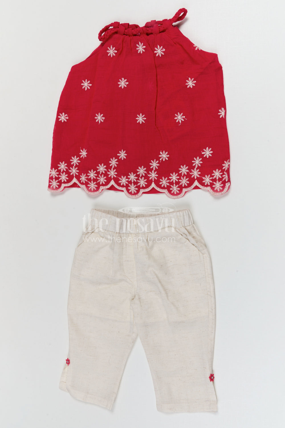 The Nesavu Girls Casual Set Girls Cotton Casual Outfit Set for Family Outings and Playdates Nesavu 18 (2Y) / Red / Cotton GPS1002A-18 Nesavu girls cotton casual outfit set with thread embroidery for everyday outings