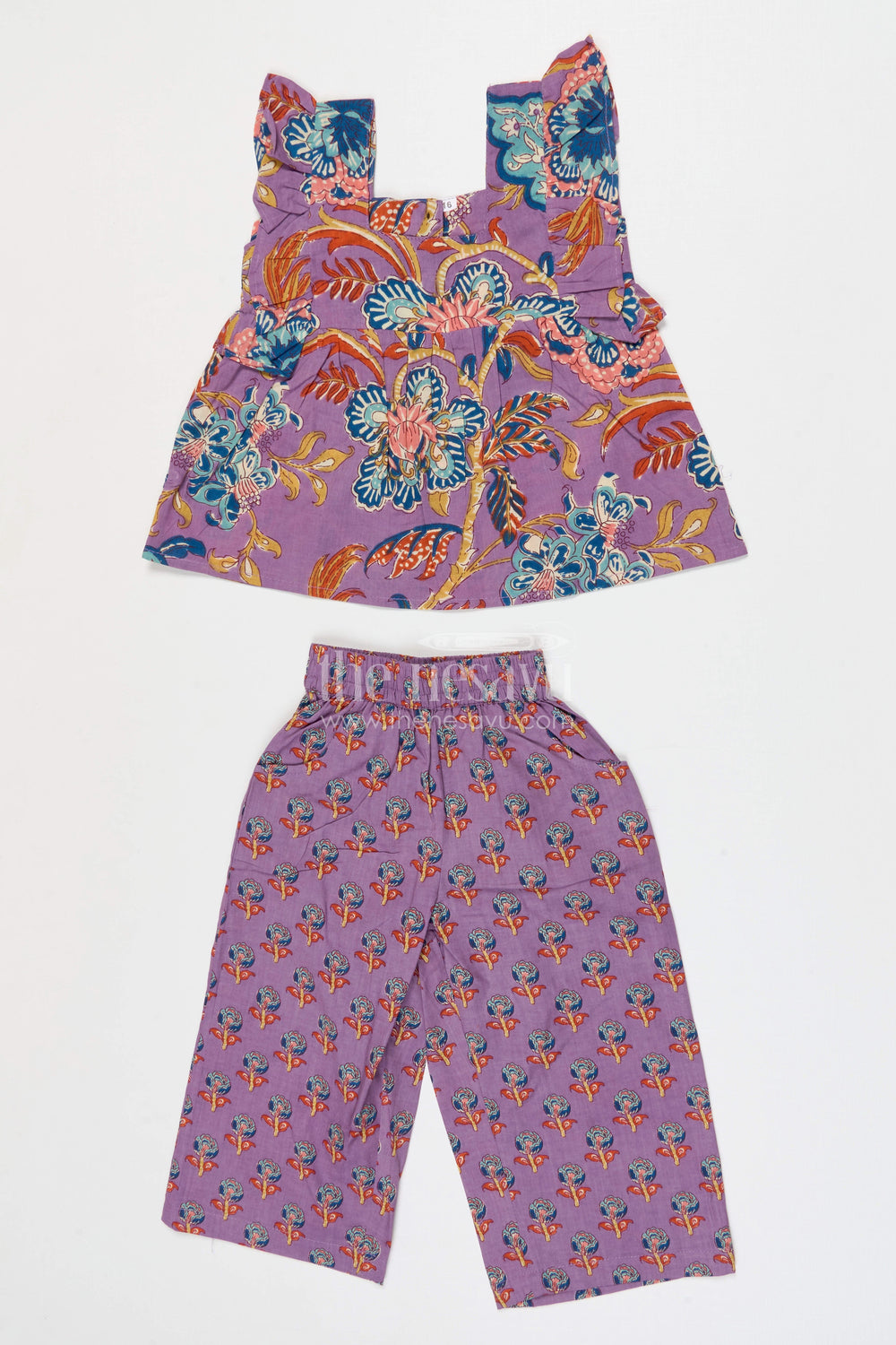 The Nesavu Girls Co-Ord Sets Girls Cotton Co Ord Set for Casual Outings and Summer Dress Wear Nesavu 16 (1Y) / Purple / Cotton GCS006B-16 Nesavu Girls Cotton Co Ord Set With Digital Print For Summer Casual Outings And Everyday Wear