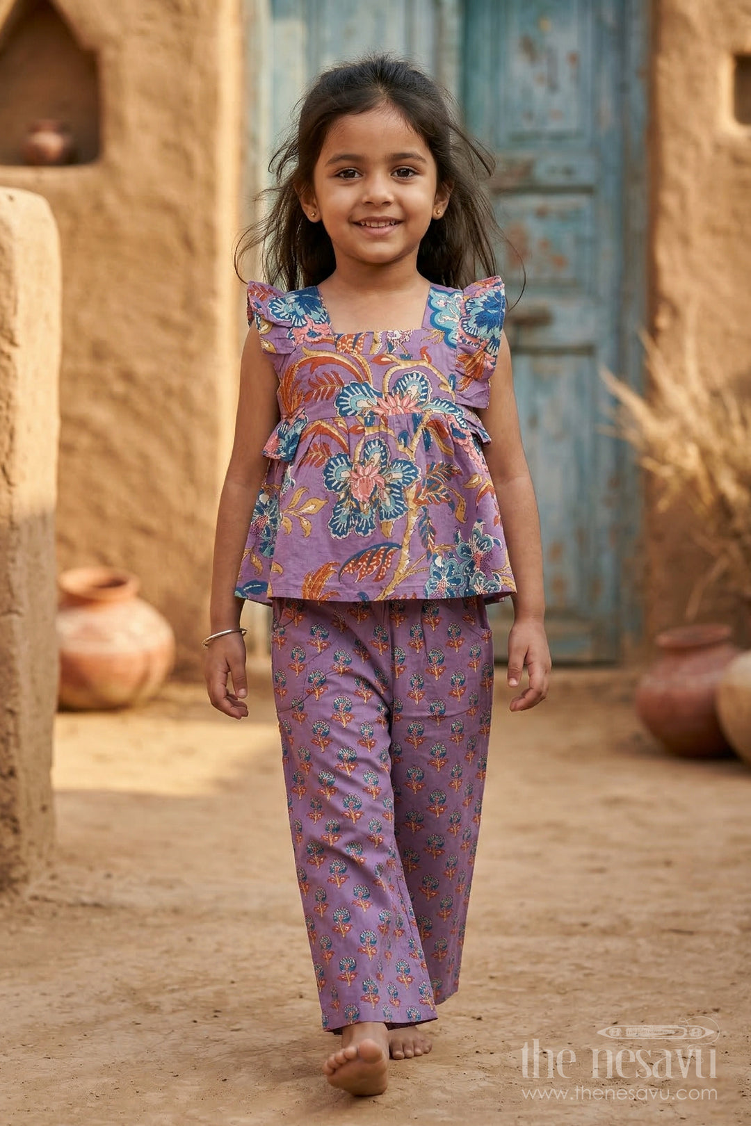 The Nesavu Girls Co-Ord Sets Girls Cotton Co Ord Set for Casual Outings and Summer Dress Wear Nesavu 16 (1Y) / Purple / Cotton GCS006B-16 Nesavu Girls Cotton Co Ord Set With Digital Print For Summer Casual Outings And Everyday Wear