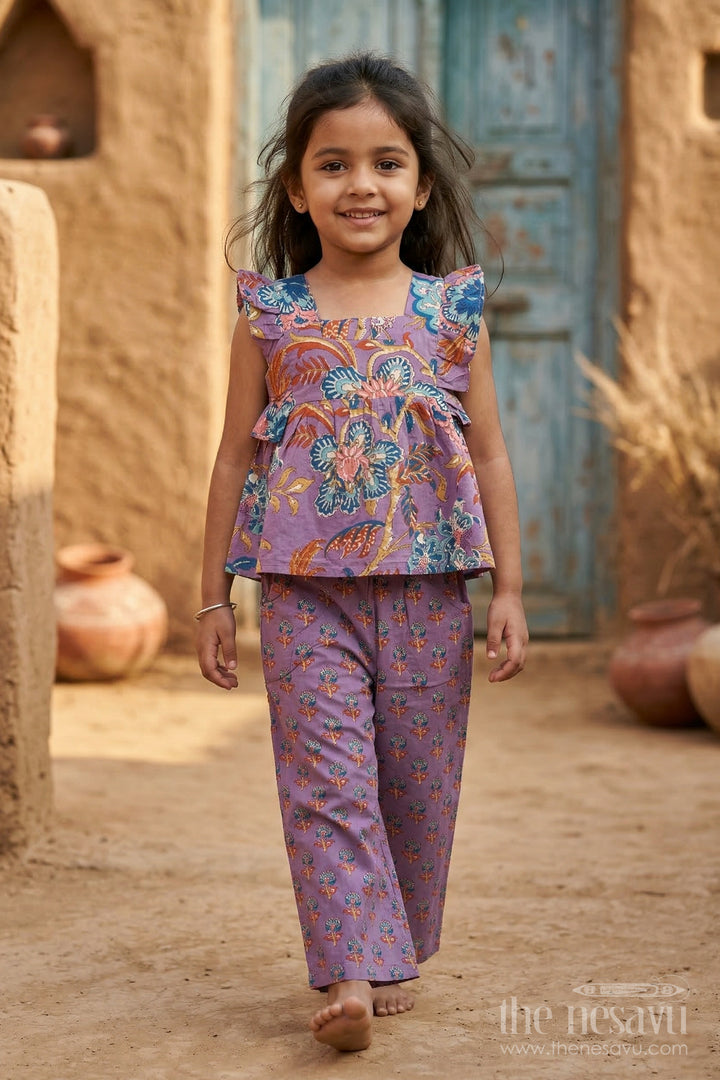 The Nesavu Girls Co-Ord Sets Girls Cotton Co Ord Set for Casual Outings and Summer Dress Wear Nesavu 16 (1Y) / Purple / Cotton GCS006B-16 Nesavu Girls Cotton Co Ord Set With Digital Print For Summer Casual Outings And Everyday Wear