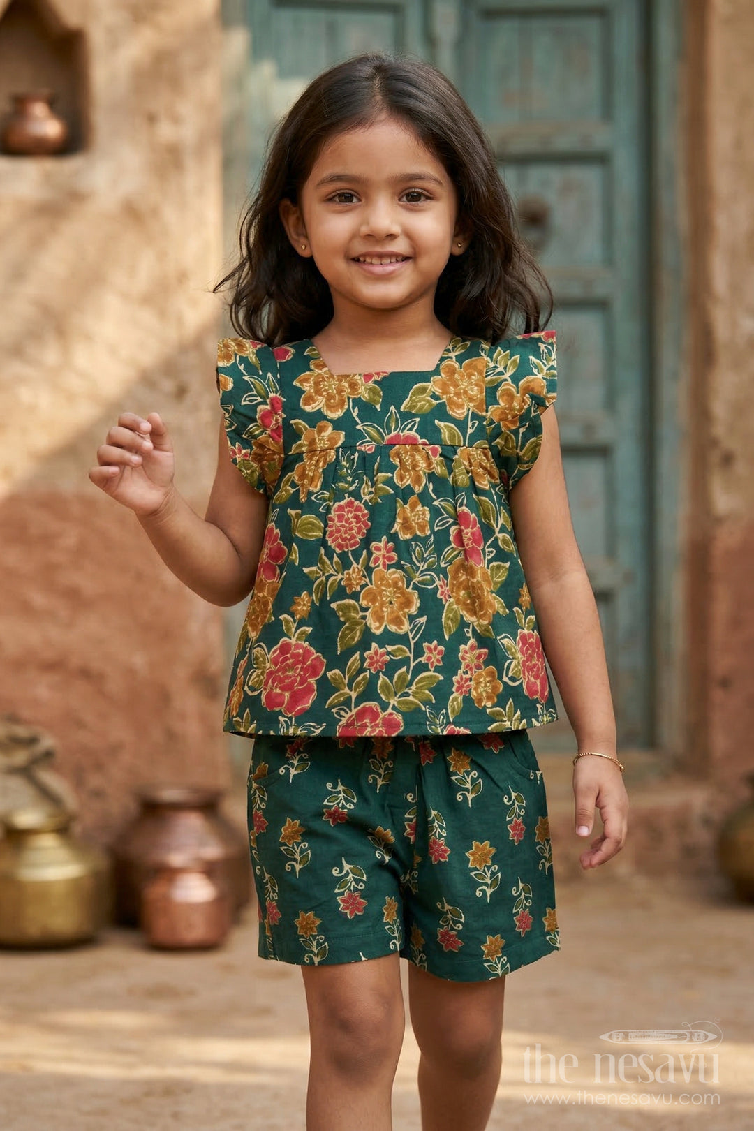 The Nesavu Girls Co-Ord Sets Girls Cotton Co Ord Set for Casual Outings Nesavu 16 (1Y) / Green / Cotton GCS014A-16 Nesavu Girls Cotton Co Ord Set With Digital Print For Casual Outings Festive Wear And Summer Comfort