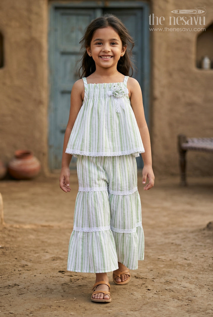 The Nesavu Girls Co-Ord Sets Girls Cotton Co Ord Set for Casual Wear and Summer Comfort Nesavu 16 (1Y) / Green / Cotton GCS040B-16 Nesavu Girls Green Cotton Co Ord Set With Striped Design For Casual Wear And Breathable Summer Comfort