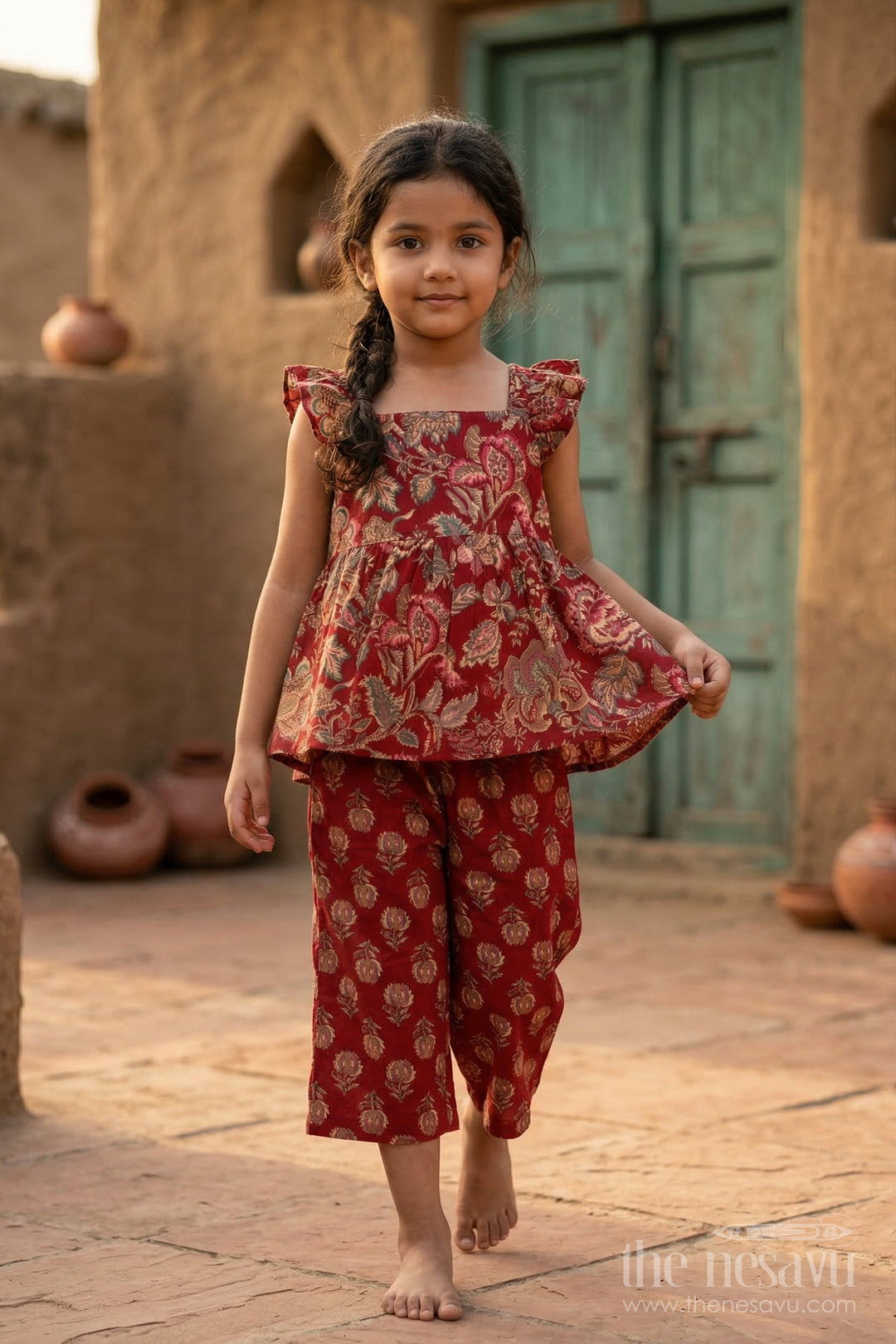 The Nesavu Girls Co-Ord Sets Girls Cotton Co Ord Set for Festive Casual and Outings Nesavu 16 (1Y) / Maroon / Cotton GCS004A-16 Nesavu Girls Cotton Co Ord Set With Digital Print For Festive Casual Outings And Celebrations