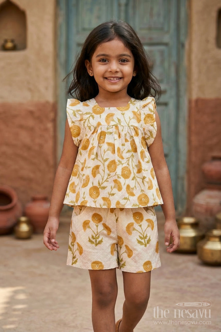 The Nesavu Girls Co-Ord Sets Girls Cotton Co Ord Set for Summer and Outings Nesavu 16 (1Y) / Yellow / Cotton GCS012C-16 Nesavu Girls Cotton Co Ord Set With Digital Print For Summer Play Outings And Daily Wear