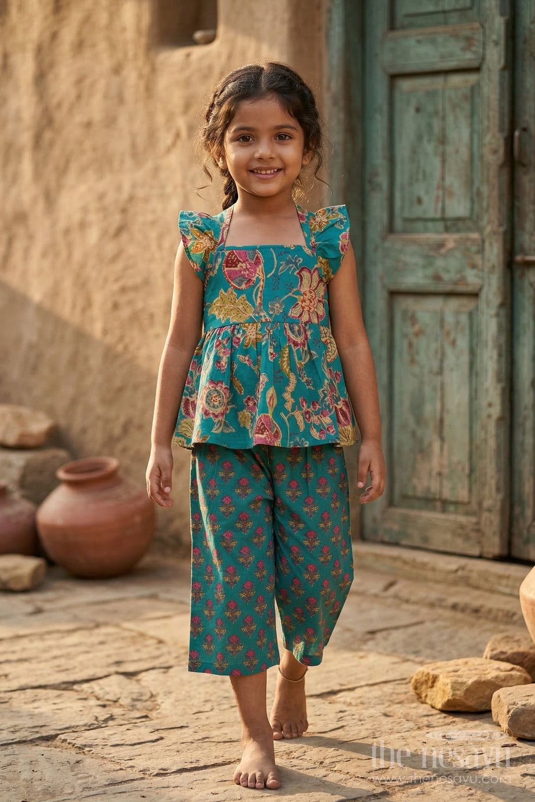 The Nesavu Girls Co-Ord Sets Girls Cotton Co Ord Set for Summer Nesavu 16 (1Y) / Green / Cotton GCS002A-16 Nesavu Girls Cotton Co Ord Set With Digital Print For Summer Outings And Everyday Casual Wear