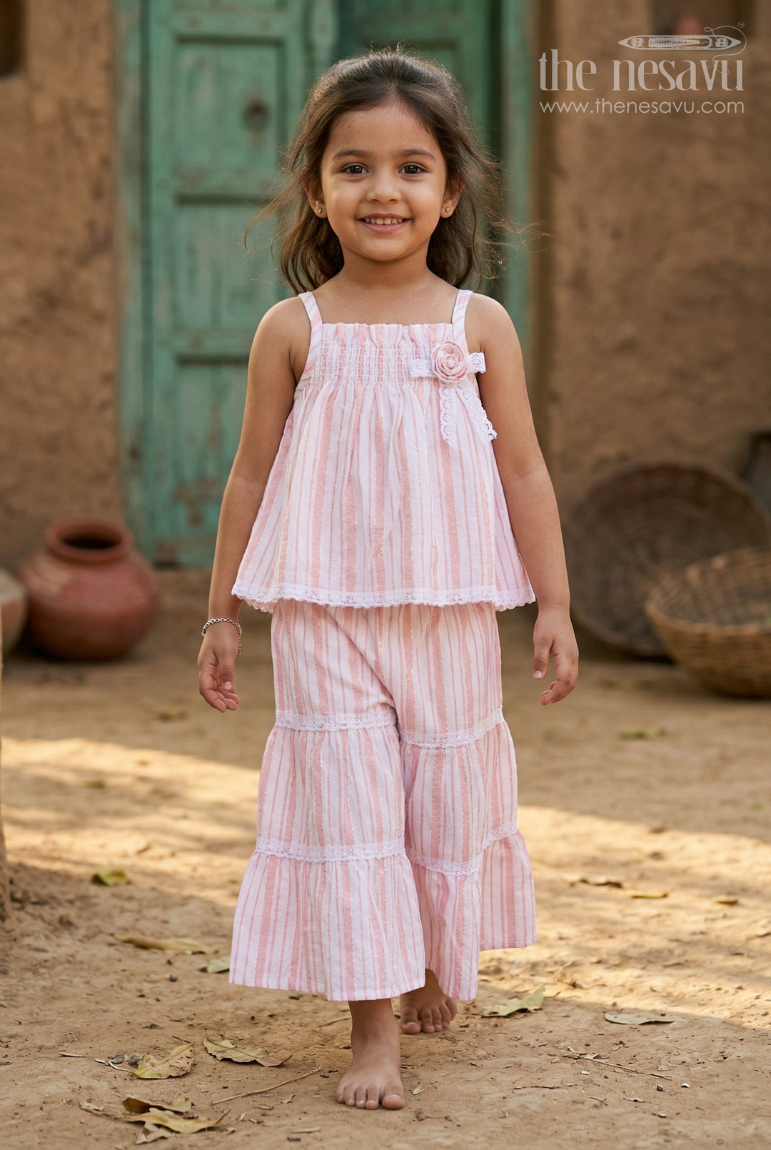 The Nesavu Girls Co-Ord Sets Girls Cotton Co Ord Set for Summer Outings and Casual Type Wears Nesavu 16 (1Y) / Pink / Cotton GCS040A-16 Nesavu Girls Cotton Co Ord Set With Striped Design In Pink For Summer Outings And Casual Wear
