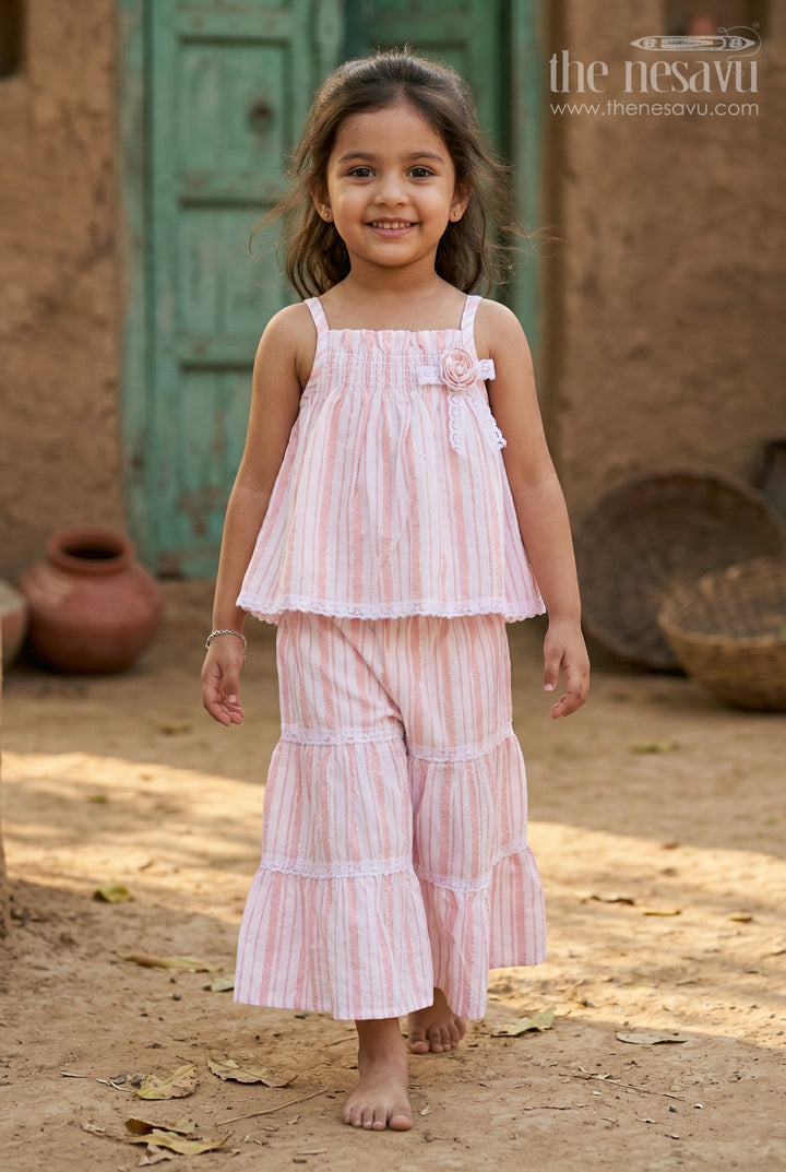The Nesavu Girls Co-Ord Sets Girls Cotton Co Ord Set for Summer Outings and Casual Type Wears Nesavu 16 (1Y) / Pink / Cotton GCS040A-16 Nesavu Girls Cotton Co Ord Set With Striped Design In Pink For Summer Outings And Casual Wear