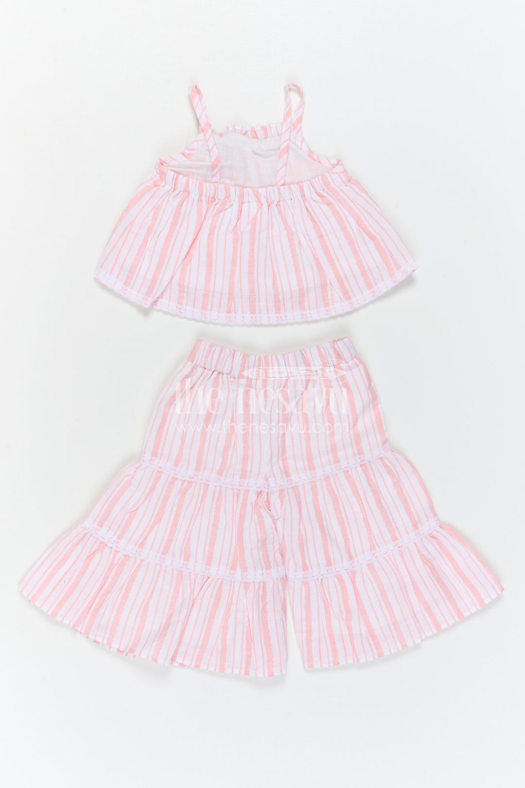 The Nesavu Girls Co-Ord Sets Girls Cotton Co Ord Set for Summer Outings and Casual Type Wears Nesavu Nesavu Girls Cotton Co Ord Set With Striped Design In Pink For Summer Outings And Casual Wear