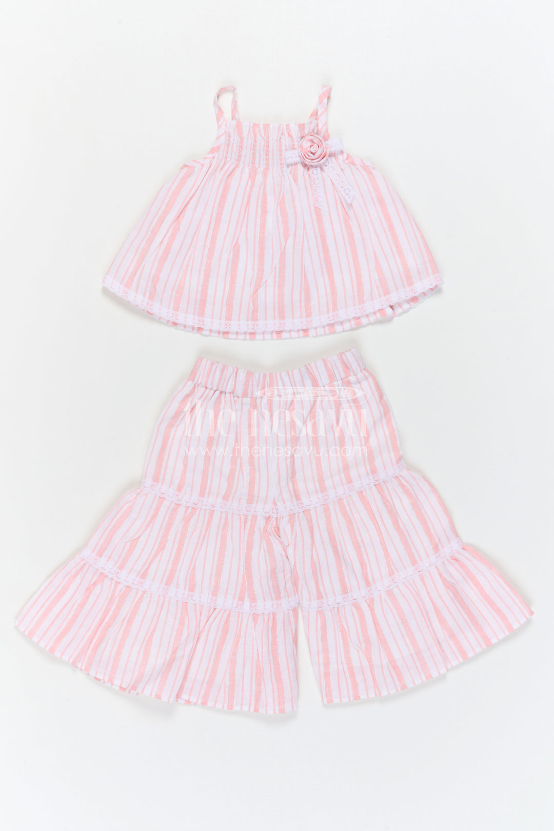 The Nesavu Girls Co-Ord Sets Girls Cotton Co Ord Set for Summer Outings and Casual Type Wears Nesavu Nesavu Girls Cotton Co Ord Set With Striped Design In Pink For Summer Outings And Casual Wear