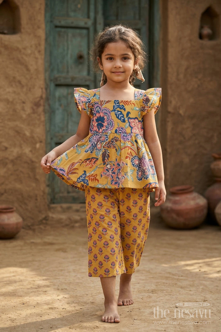 The Nesavu Girls Co-Ord Sets Girls Cotton Co Ord Set for Summer Outings and Casual Wear Nesavu 16 (1Y) / Yellow / Cotton GCS001A-16 Nesavu Girls Cotton Co Ord Set With Digital Print For Summer Outings And Casual Wear
